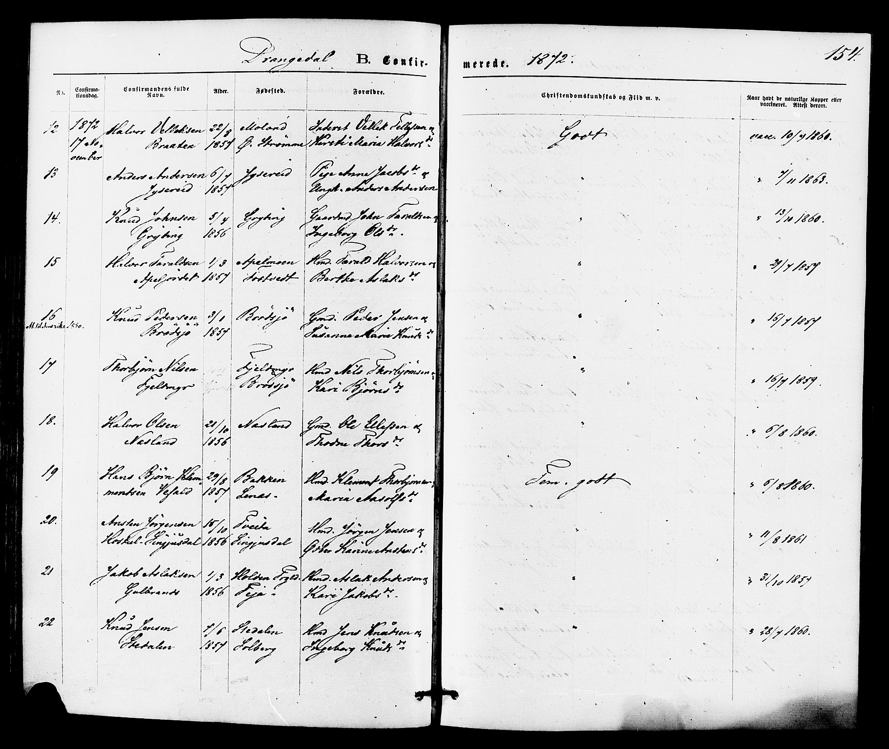 Drangedal kirkebøker, SAKO/A-258/F/Fa/L0009: Parish register (official) no. 9 /1, 1872-1884, p. 154