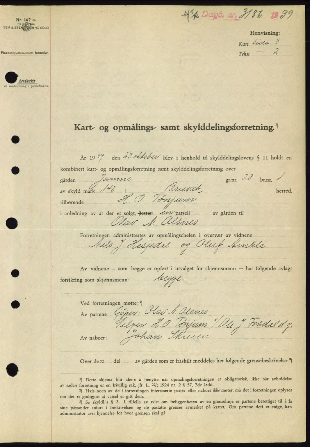Nordhordland sorenskrivar, SAB/A-2901/1/G/Gb/Gbf/L0010: Mortgage book no. A10, 1939-1940, Diary no: : 3186/1939