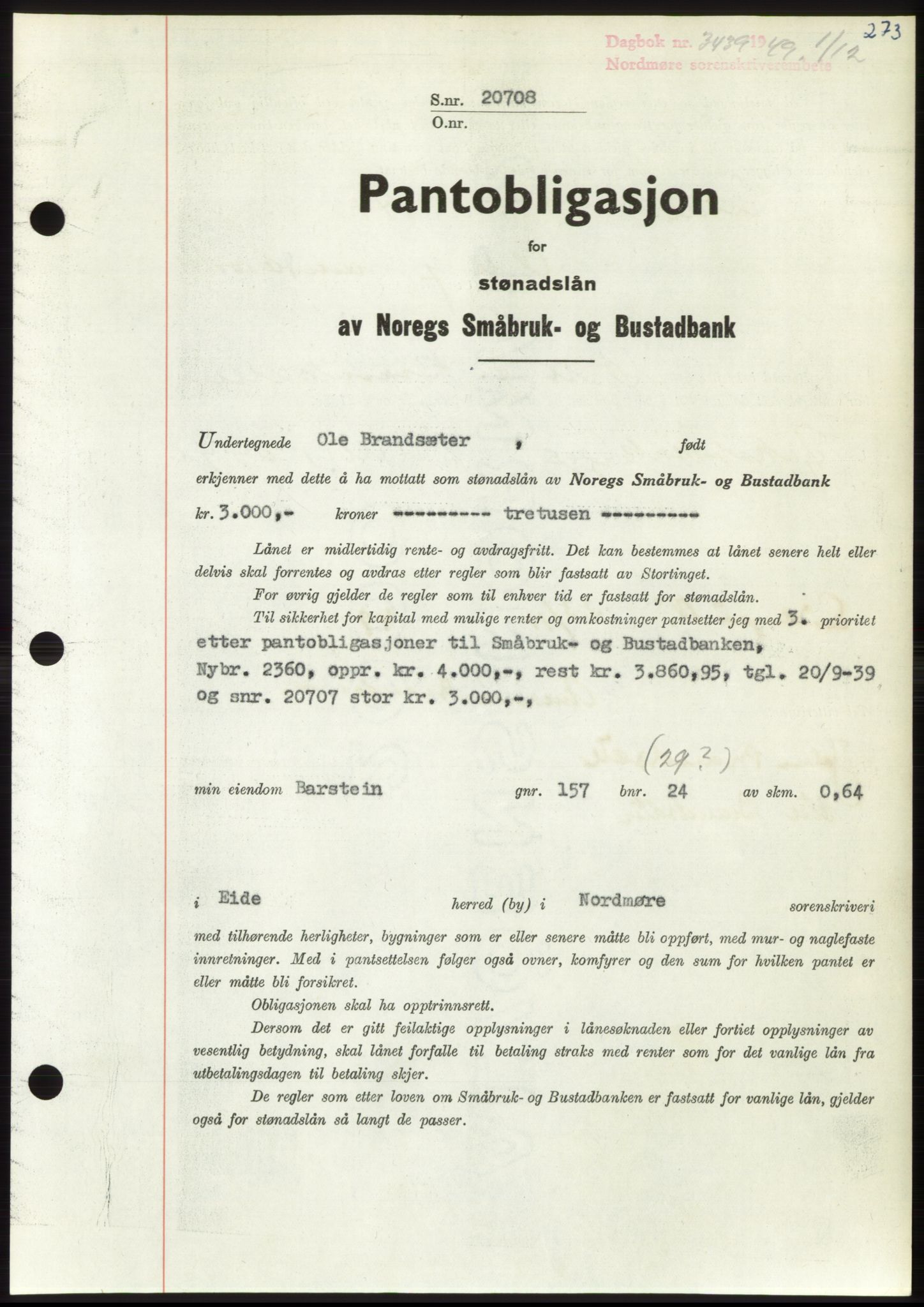 Nordmøre sorenskriveri, AV/SAT-A-4132/1/2/2Ca: Mortgage book no. B103, 1949-1950, Diary no: : 3439/1949