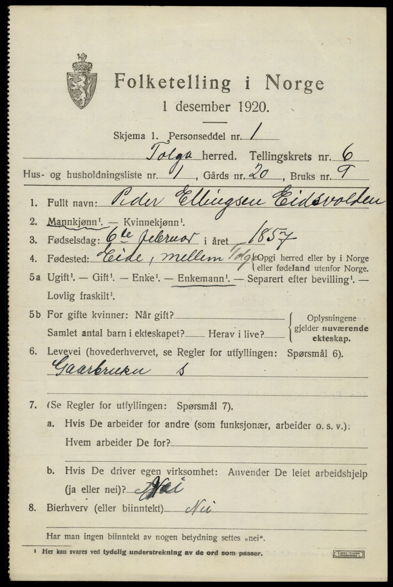 SAH, 1920 census for Tolga, 1920, p. 3627