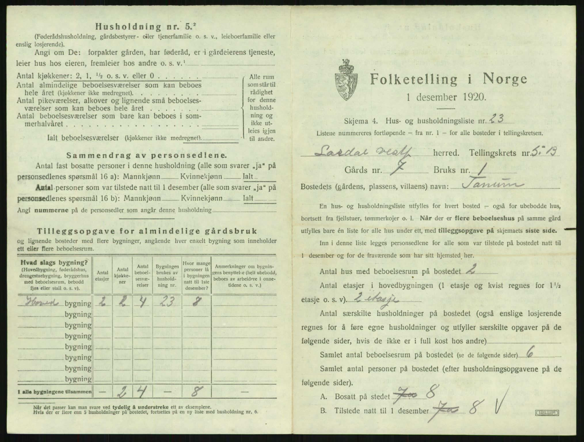 SAKO, 1920 census for Lardal, 1920, p. 865