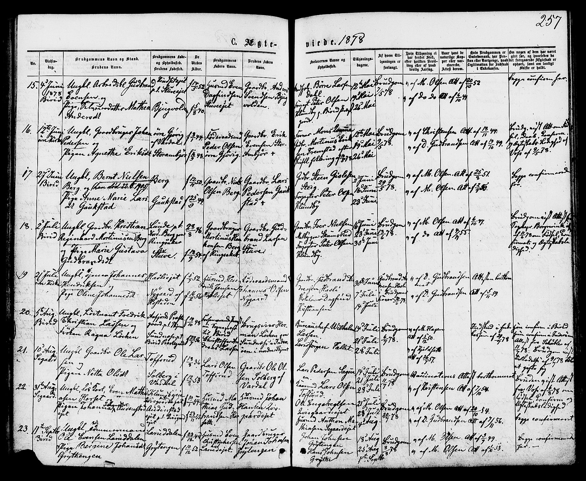 Biri prestekontor, AV/SAH-PREST-096/H/Ha/Haa/L0006: Parish register (official) no. 6, 1877-1886, p. 257