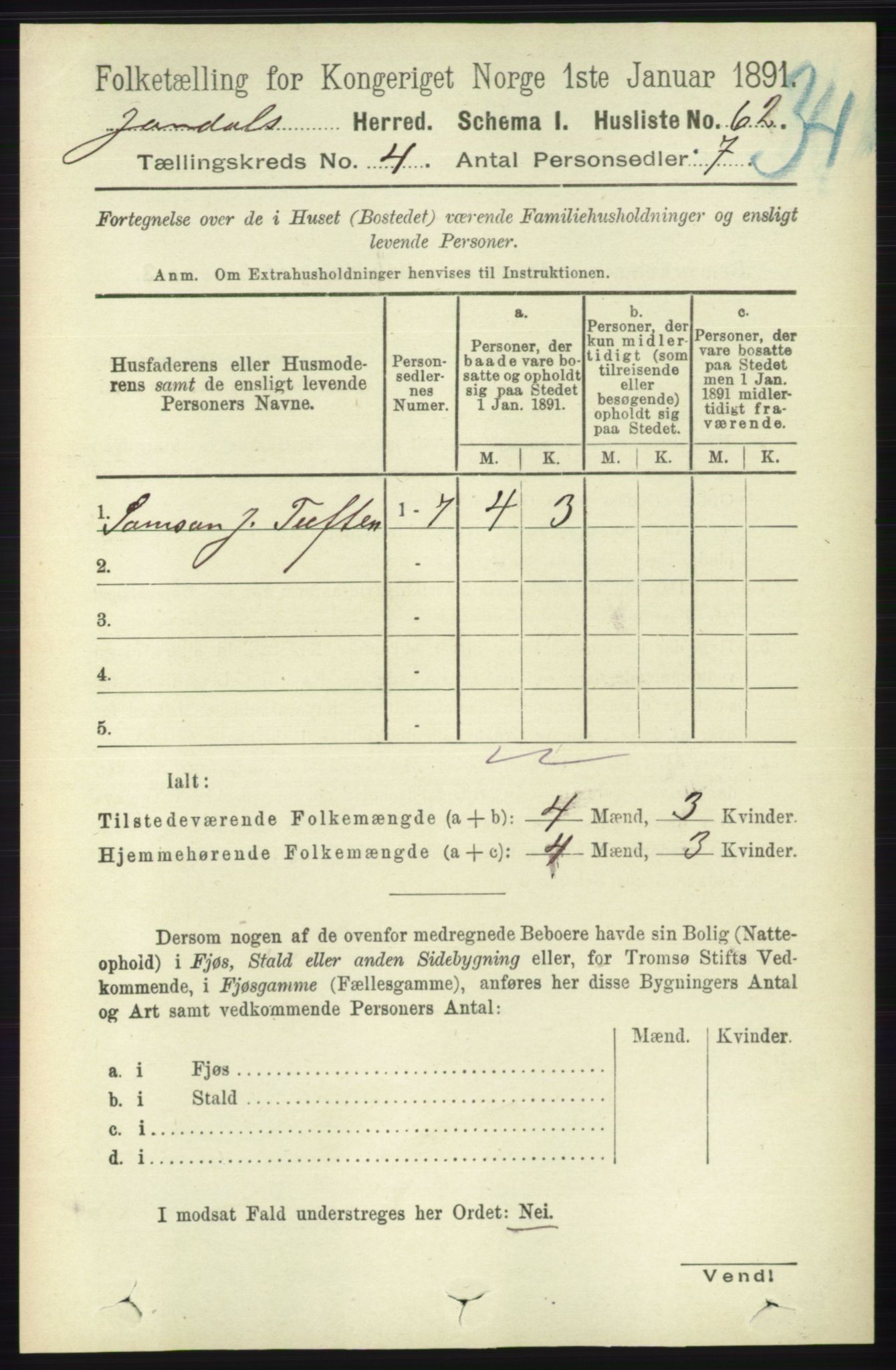 RA, 1891 census for 1227 Jondal, 1891, p. 2052
