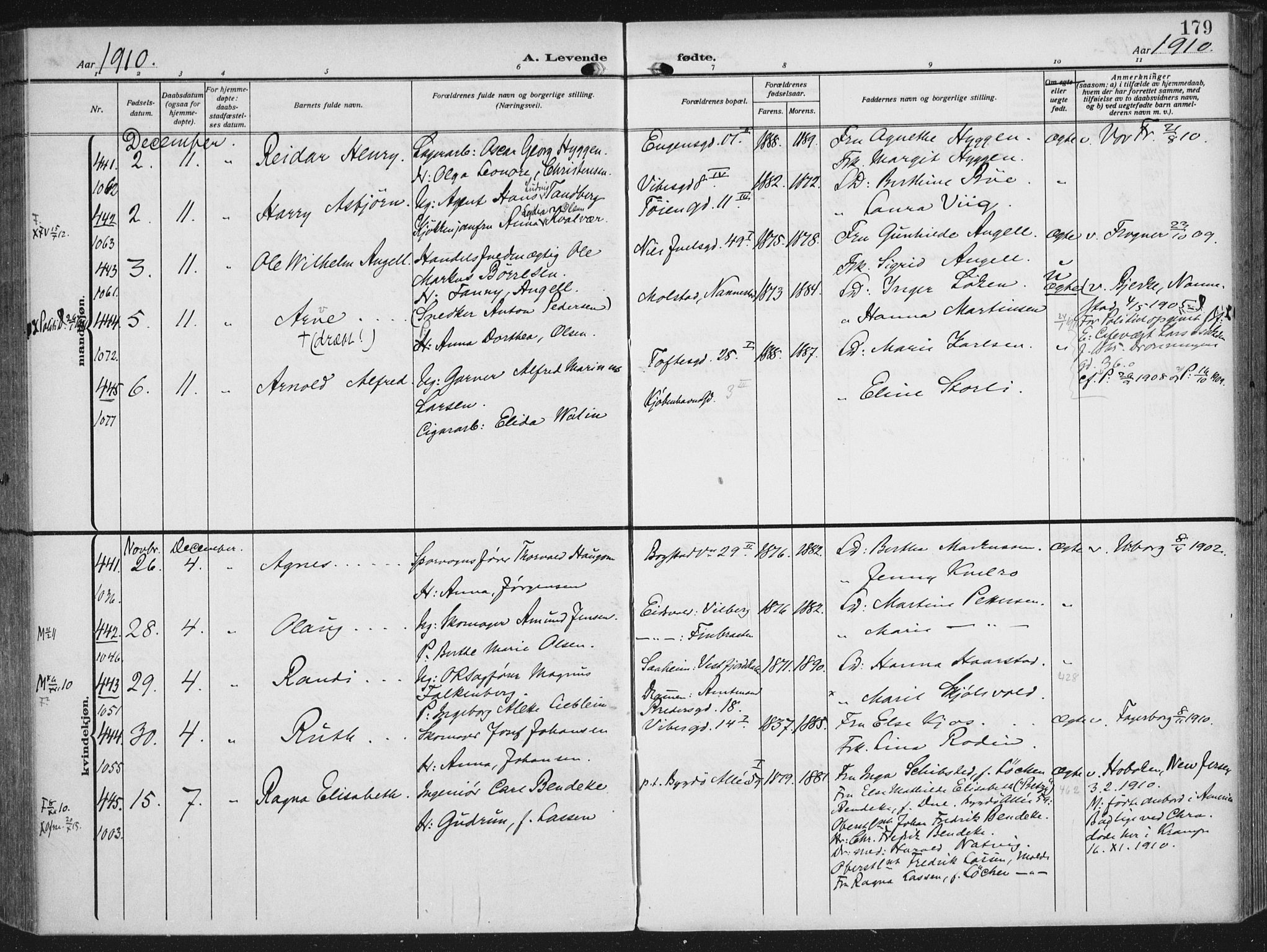 Rikshospitalet prestekontor Kirkebøker, AV/SAO-A-10309b/F/L0014: Parish register (official) no. 14, 1909-1912, p. 179