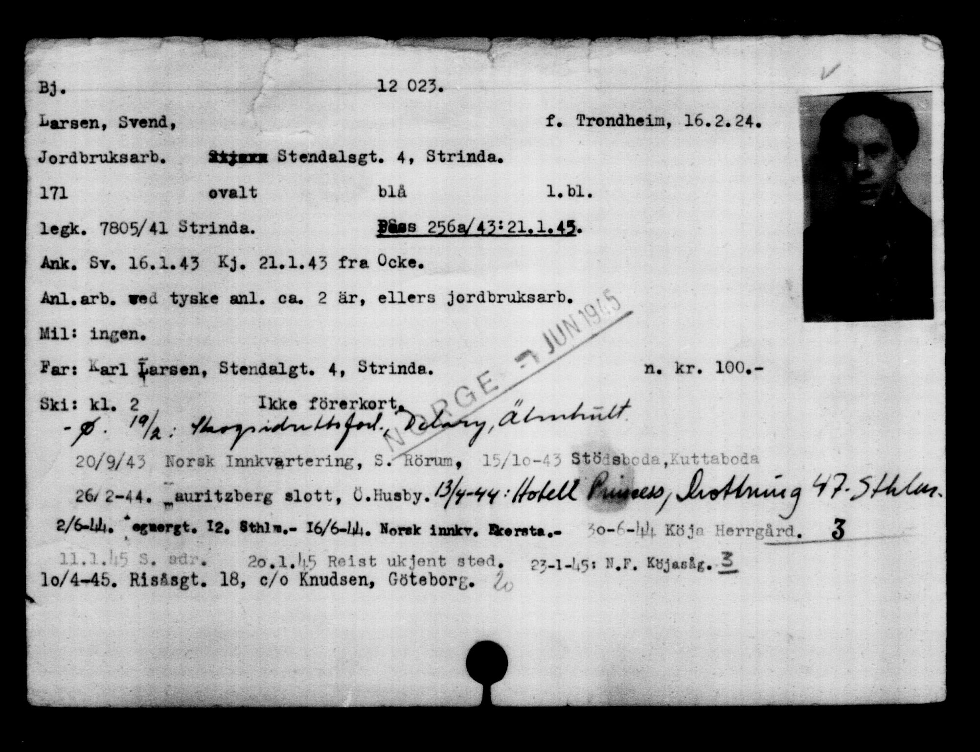 Utenriksstasjonene, Legasjonen i Stockholm, Flyktningkontoret, AV/RA-S-6753/V/Va/L0006: Kjesäterkartoteket, flyktninger med registreringsnr. 9400-12711, 1940-1945, p. 2979