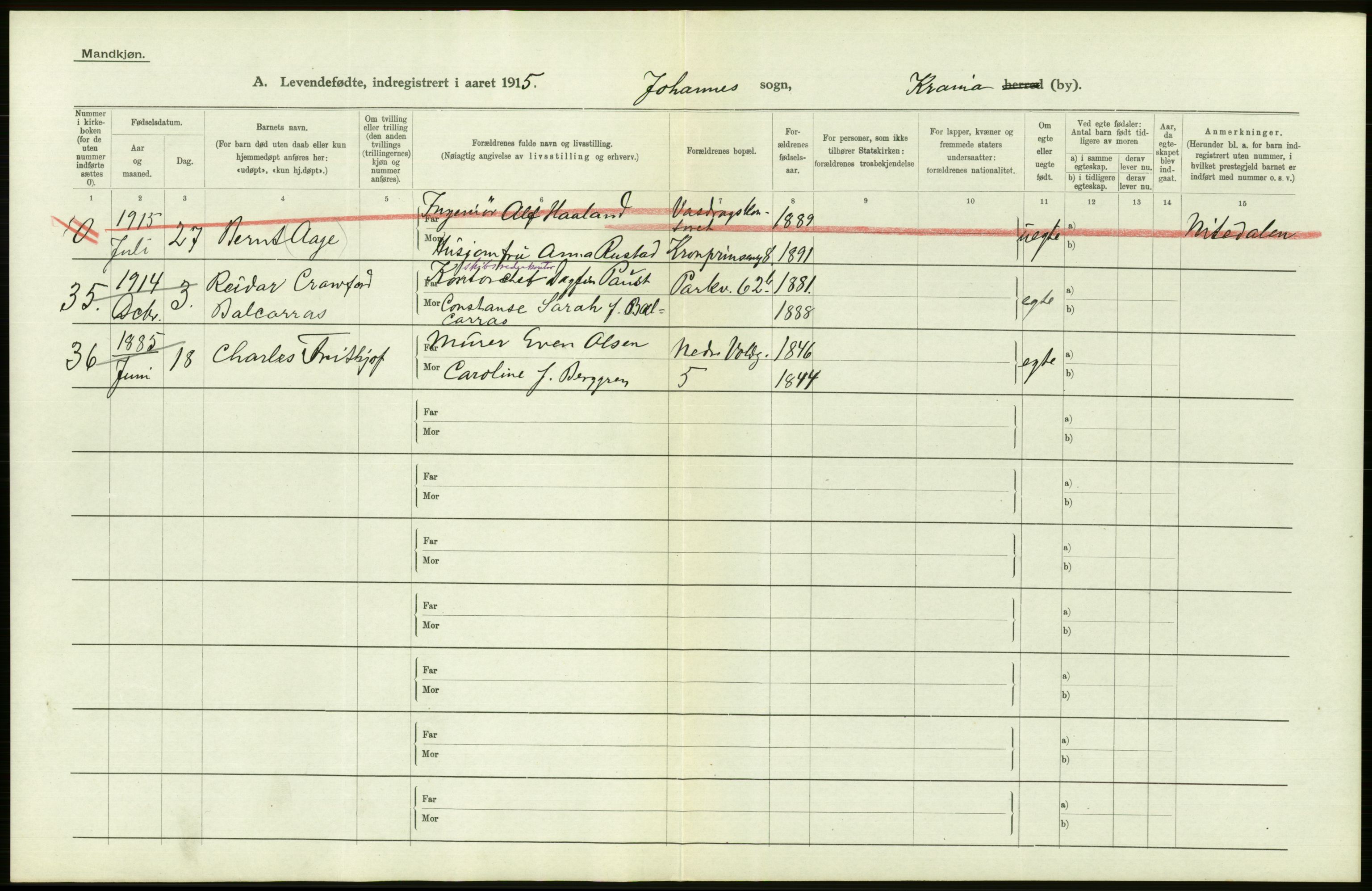 Statistisk sentralbyrå, Sosiodemografiske emner, Befolkning, AV/RA-S-2228/D/Df/Dfb/Dfbe/L0007: Kristiania: Levendefødte menn og kvinner., 1915, p. 466