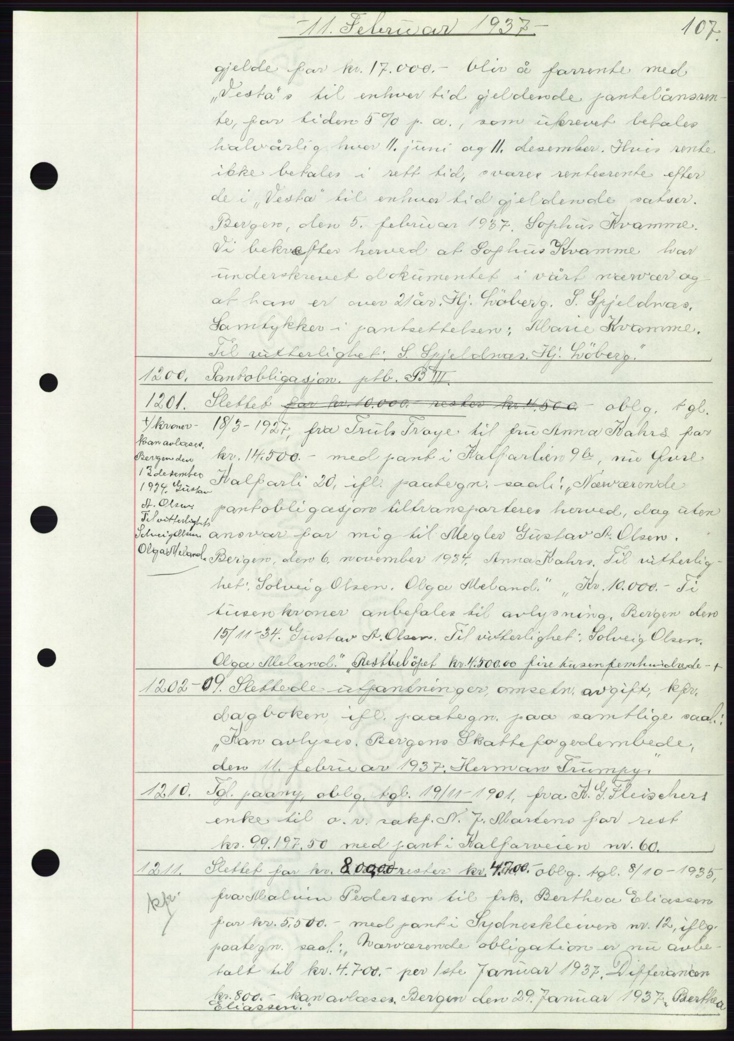 Byfogd og Byskriver i Bergen, AV/SAB-A-3401/03: Mortgage book no. C 3, 1936-1937, Diary no: : 1200/1937