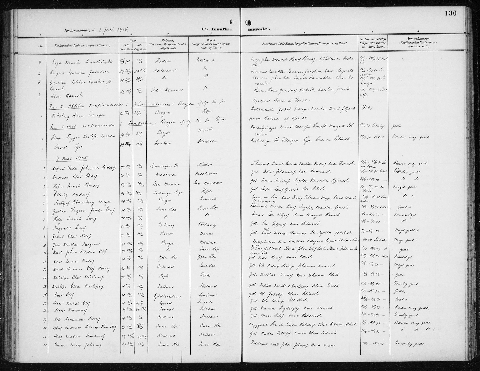 Fana Sokneprestembete, SAB/A-75101/H/Haa/Haai/L0003: Parish register (official) no. I 3, 1900-1912, p. 130