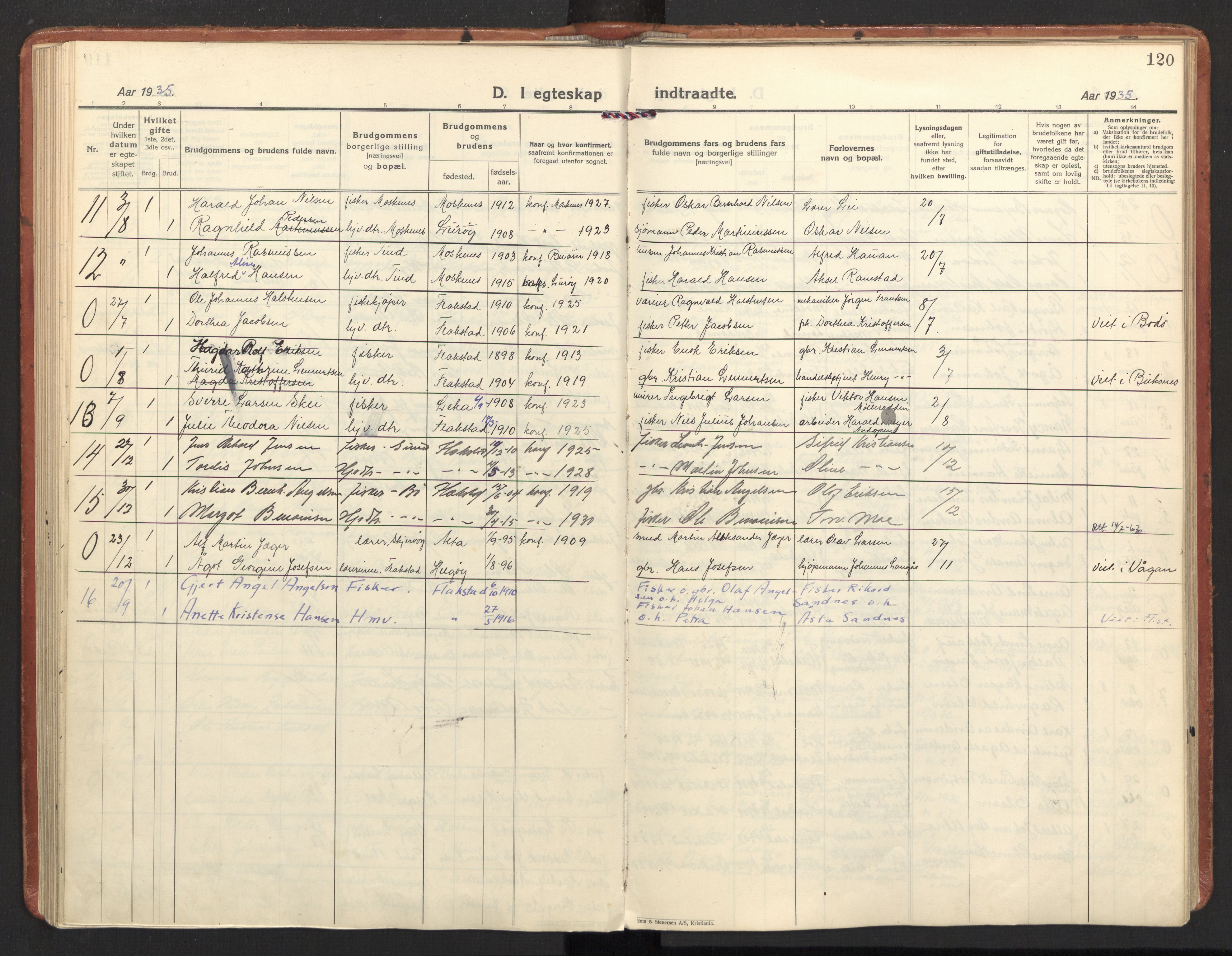 Ministerialprotokoller, klokkerbøker og fødselsregistre - Nordland, AV/SAT-A-1459/885/L1211: Parish register (official) no. 885A11, 1927-1938, p. 120