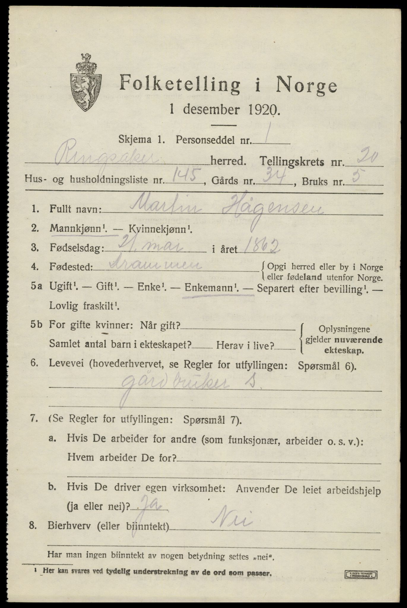 SAH, 1920 census for Ringsaker, 1920, p. 28546
