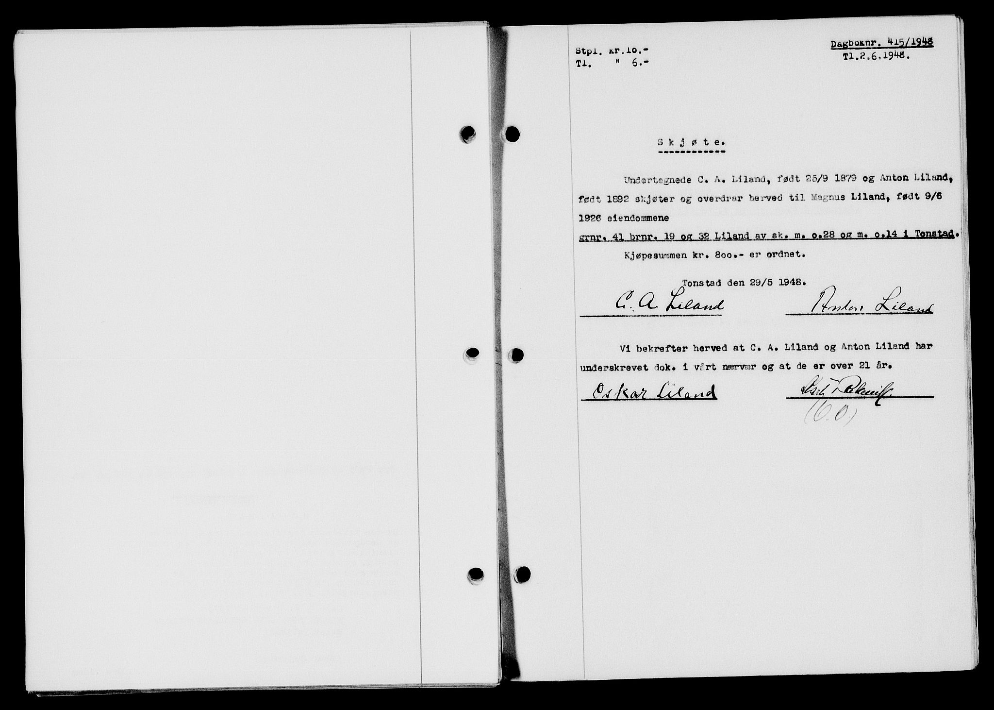 Flekkefjord sorenskriveri, SAK/1221-0001/G/Gb/Gba/L0063: Mortgage book no. A-11, 1947-1948, Diary no: : 415/1948