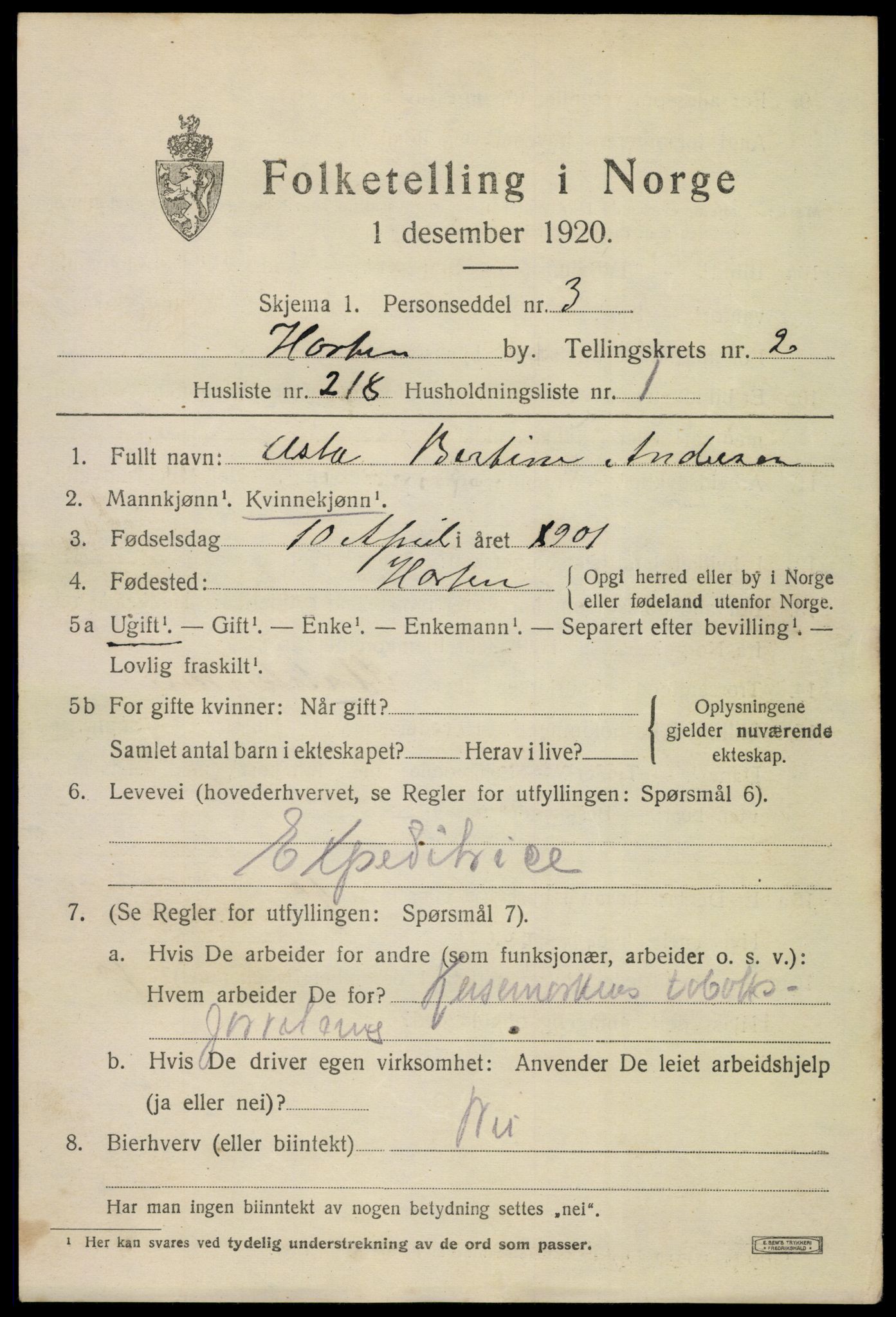 SAKO, 1920 census for Horten, 1920, p. 13429