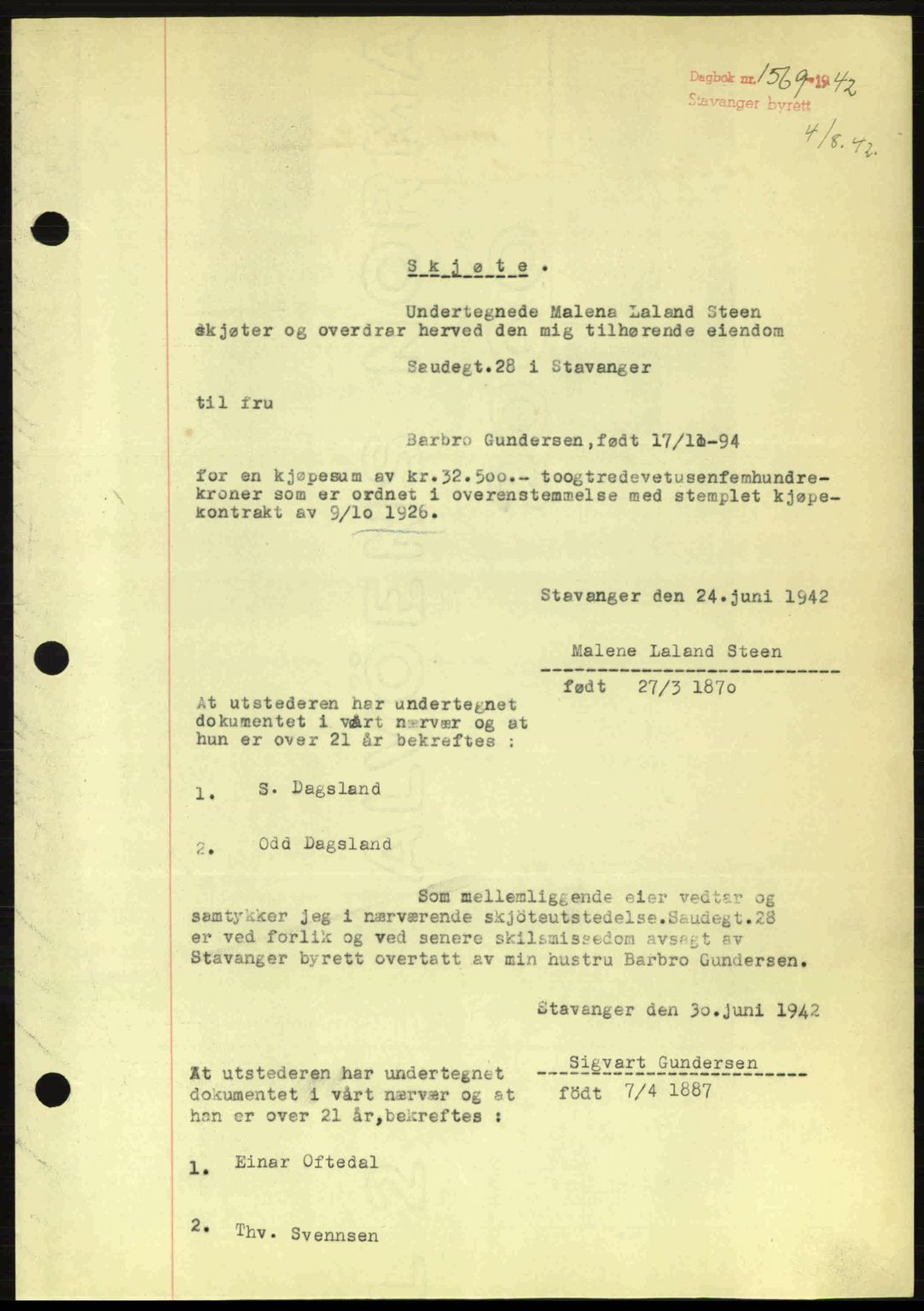 Stavanger byrett, SAST/A-100455/002/G/Gb/L0017: Mortgage book no. A7, 1941-1943, Diary no: : 1569/1942