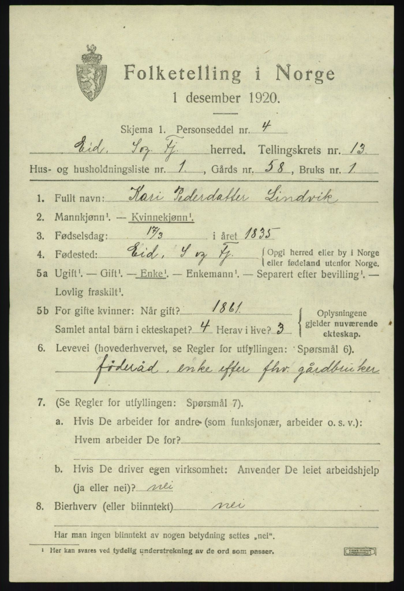 SAB, 1920 census for Eid, 1920, p. 7766