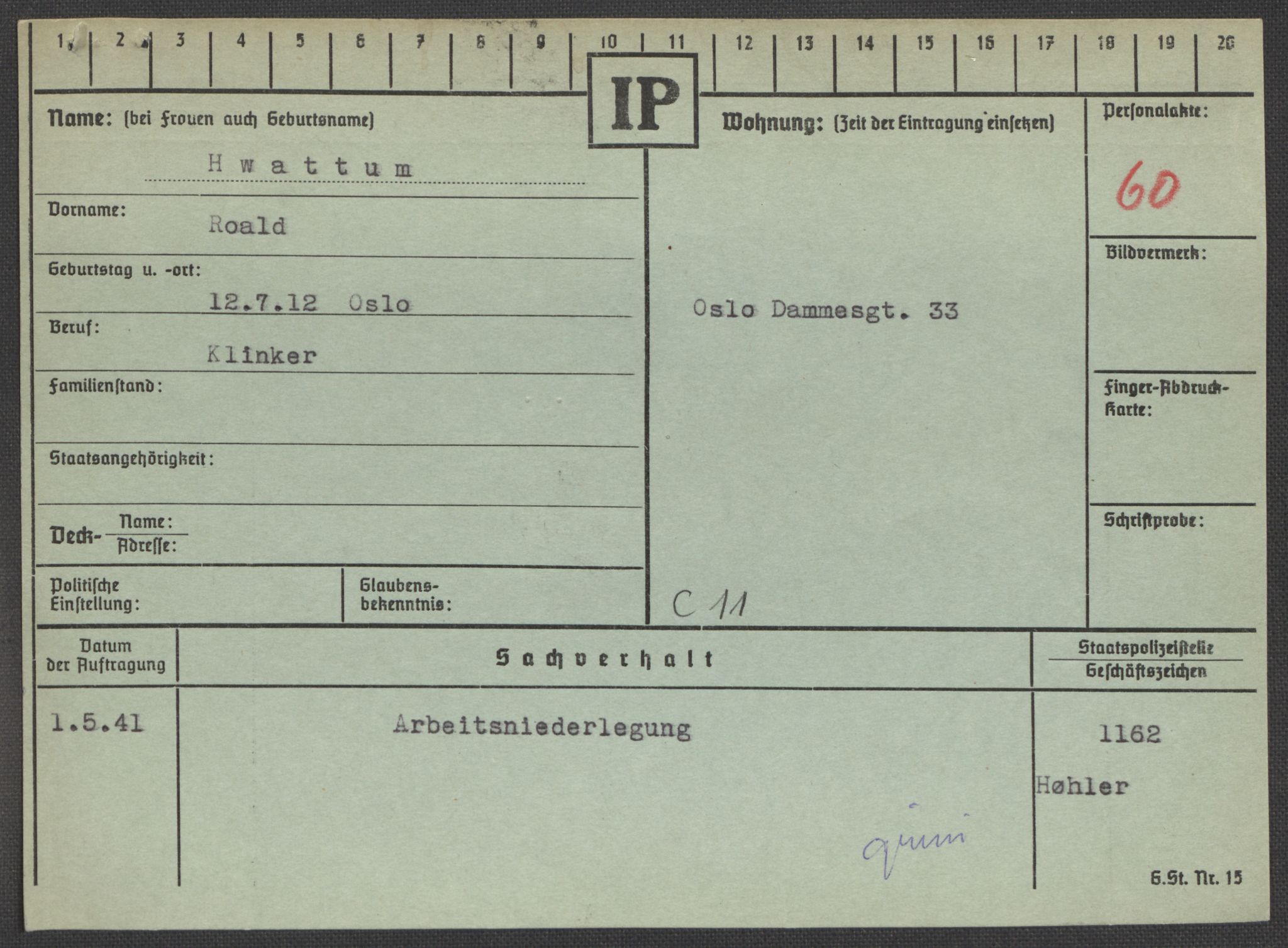 Befehlshaber der Sicherheitspolizei und des SD, RA/RAFA-5969/E/Ea/Eaa/L0004: Register over norske fanger i Møllergata 19: Hal-Hæ, 1940-1945, p. 1467