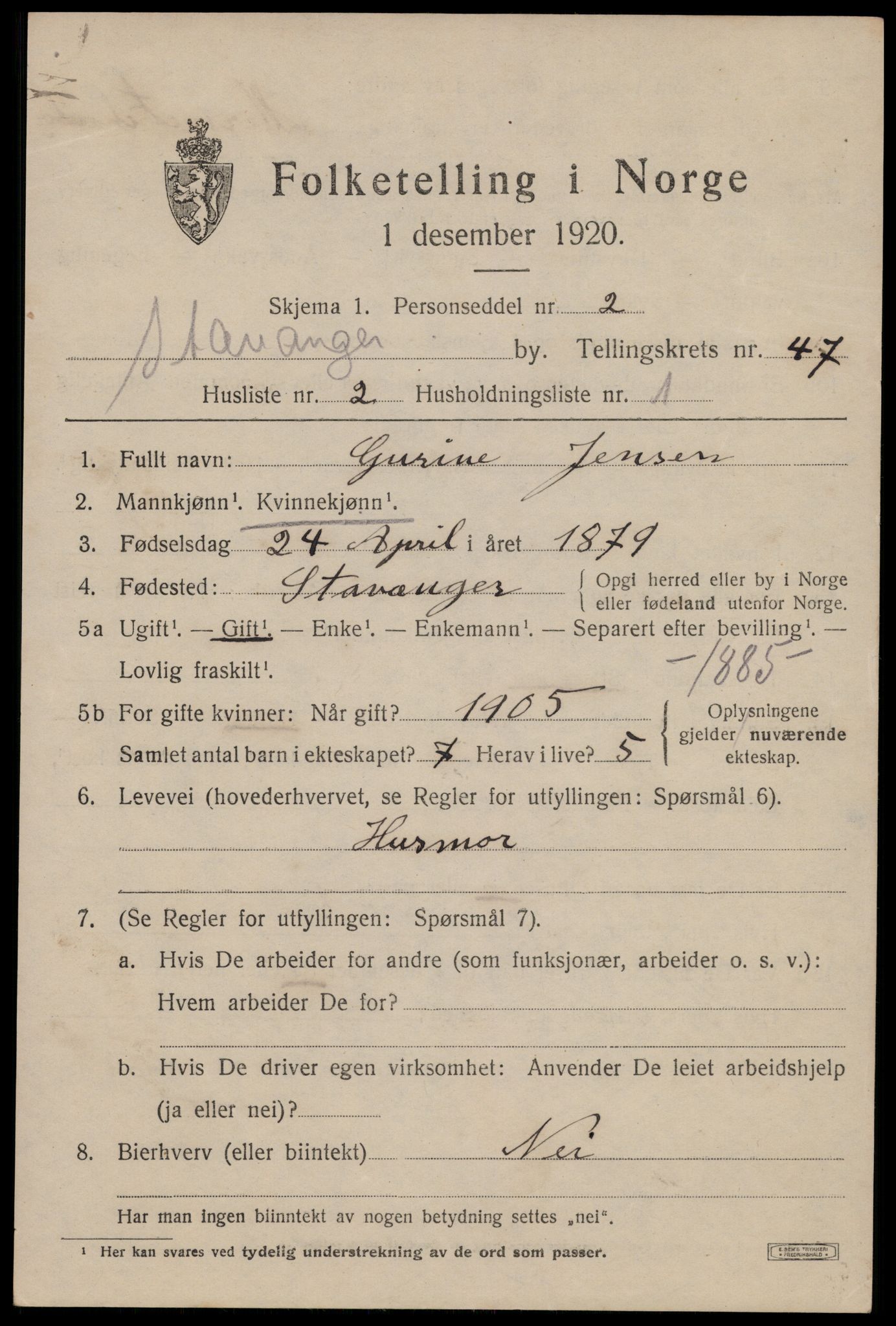 SAST, 1920 census for Stavanger, 1920, p. 113980