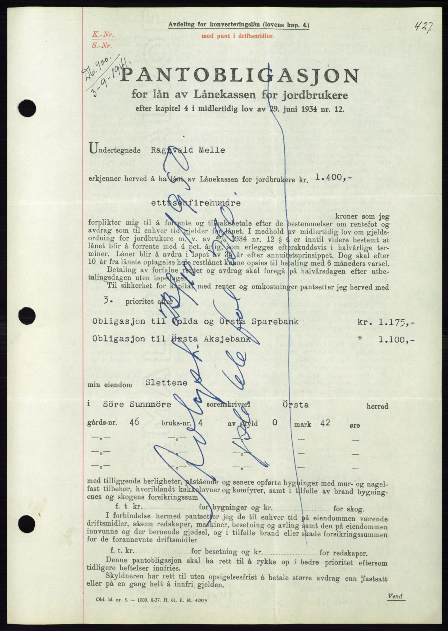 Søre Sunnmøre sorenskriveri, AV/SAT-A-4122/1/2/2C/L0071: Mortgage book no. 65, 1941-1941, Diary no: : 900/1941