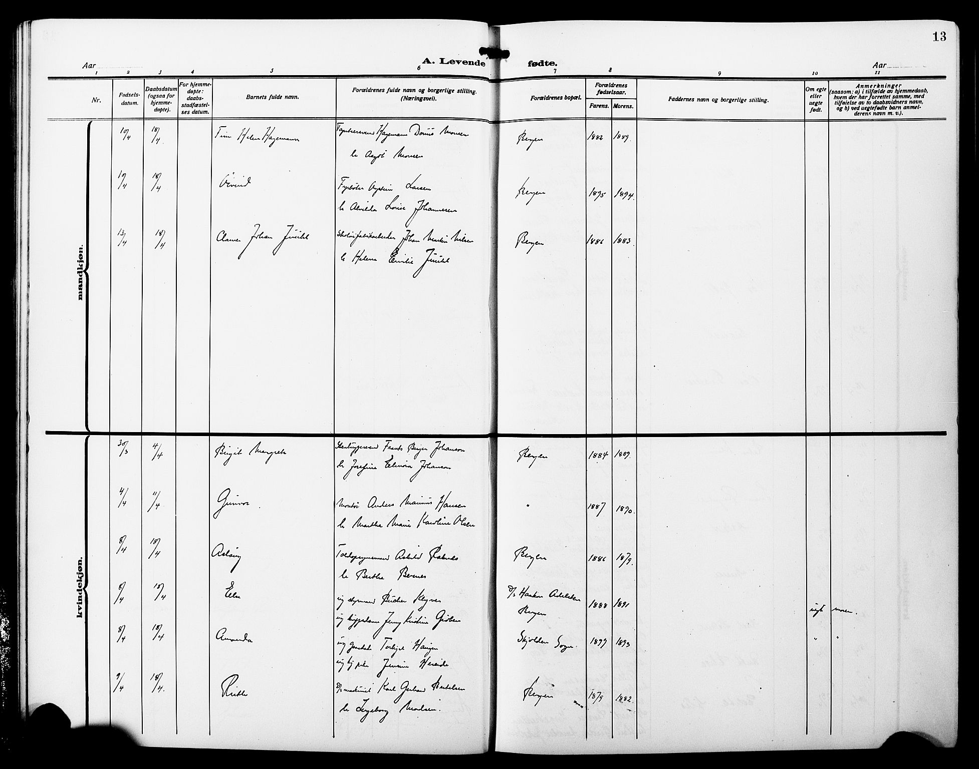 Fødselsstiftelsens sokneprestembete*, SAB/-: Parish register (copy) no. A 3, 1916-1925, p. 13