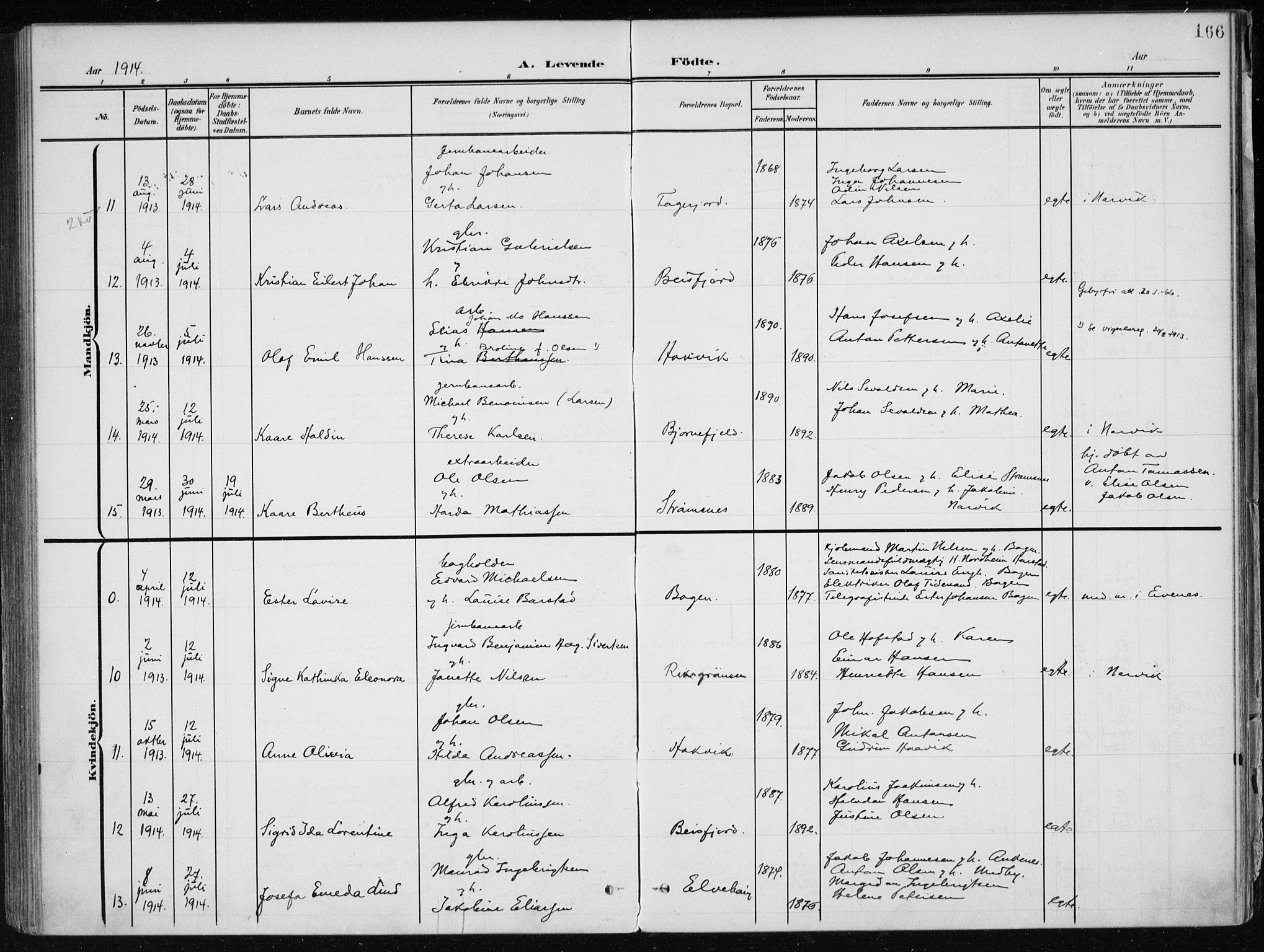Ministerialprotokoller, klokkerbøker og fødselsregistre - Nordland, SAT/A-1459/866/L0941: Parish register (official) no. 866A04, 1901-1917, p. 166