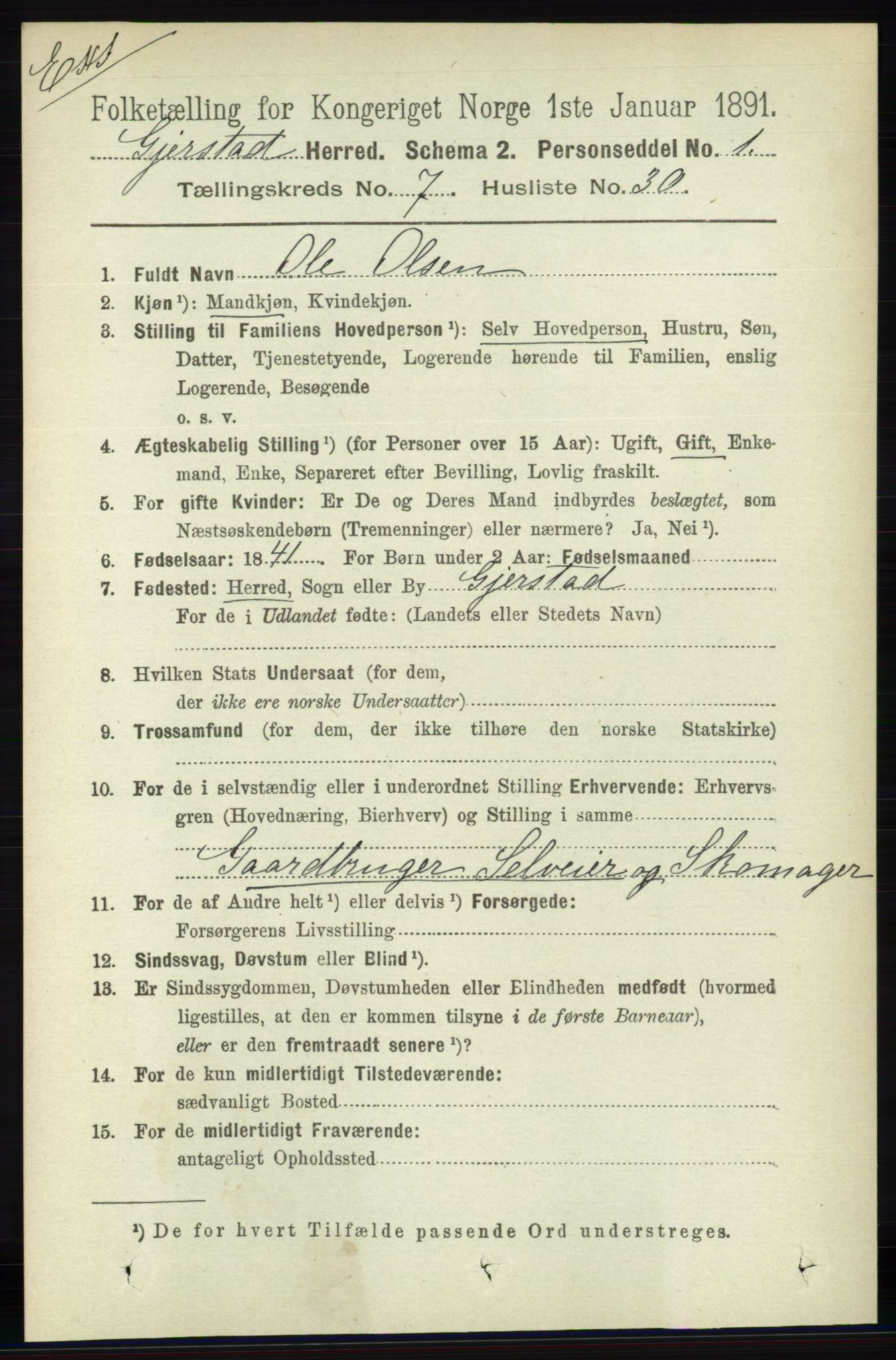 RA, Census 1891 for Nedenes amt: Gjenparter av personsedler for beslektede ektefeller, menn, 1891, p. 98