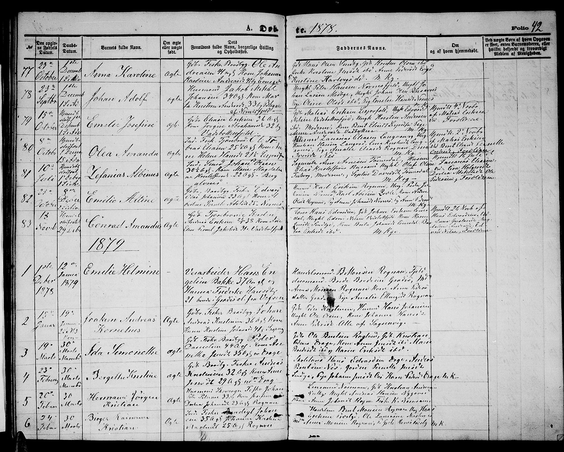 Ministerialprotokoller, klokkerbøker og fødselsregistre - Nordland, SAT/A-1459/847/L0679: Parish register (copy) no. 847C07, 1870-1888, p. 42