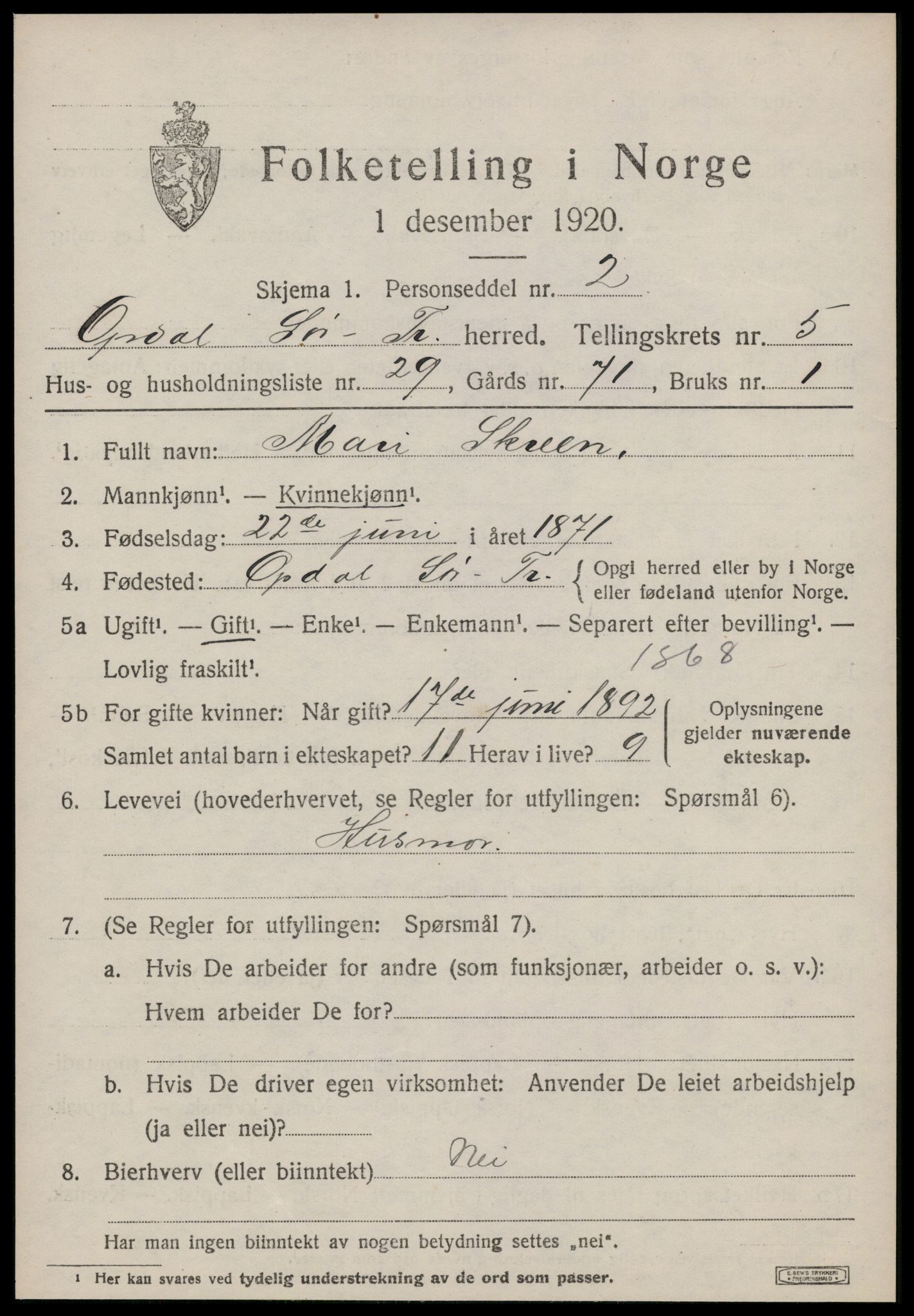 SAT, 1920 census for Oppdal, 1920, p. 5283