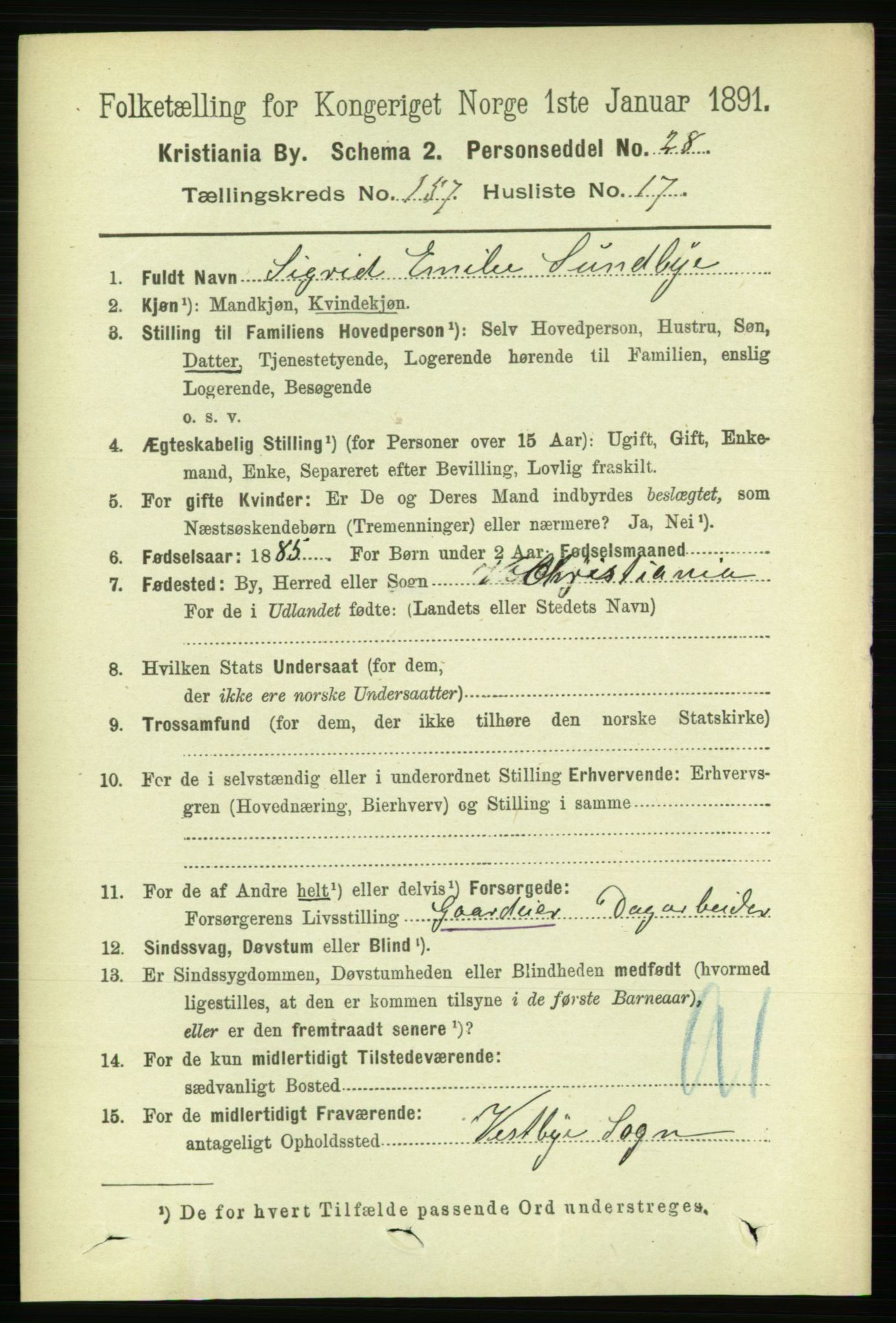 RA, 1891 census for 0301 Kristiania, 1891, p. 89617