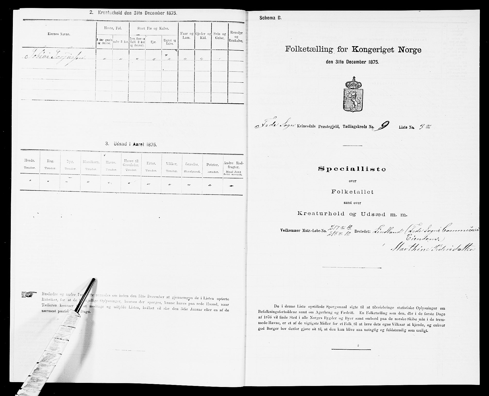 SAK, 1875 census for 1037P Kvinesdal, 1875, p. 1465