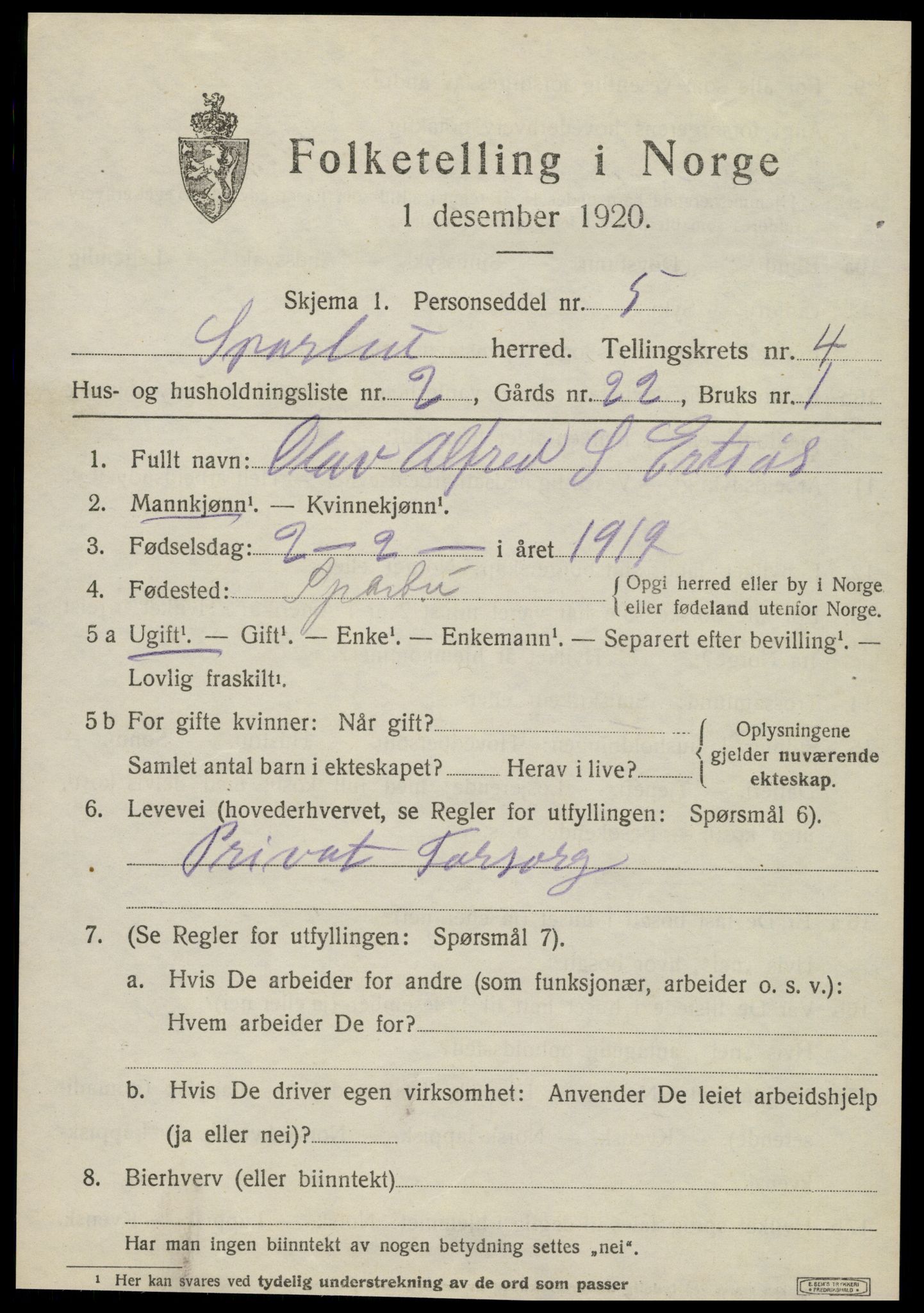 SAT, 1920 census for Sparbu, 1920, p. 5193