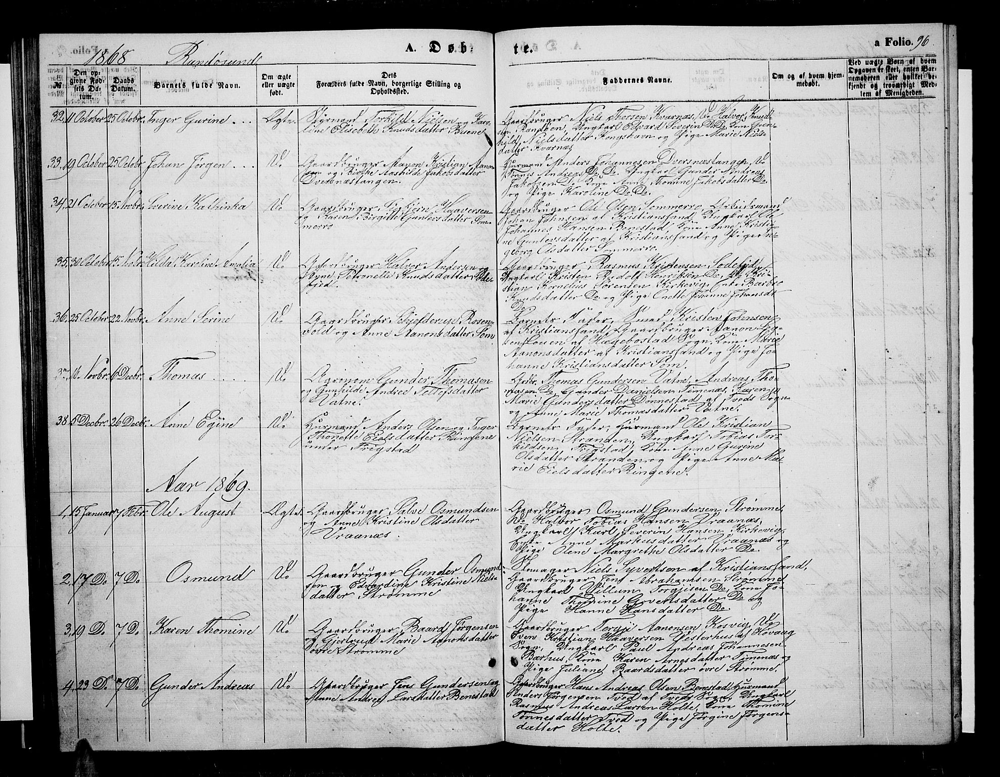 Oddernes sokneprestkontor, SAK/1111-0033/F/Fb/Fba/L0006: Parish register (copy) no. B 6 /2, 1865-1869, p. 96