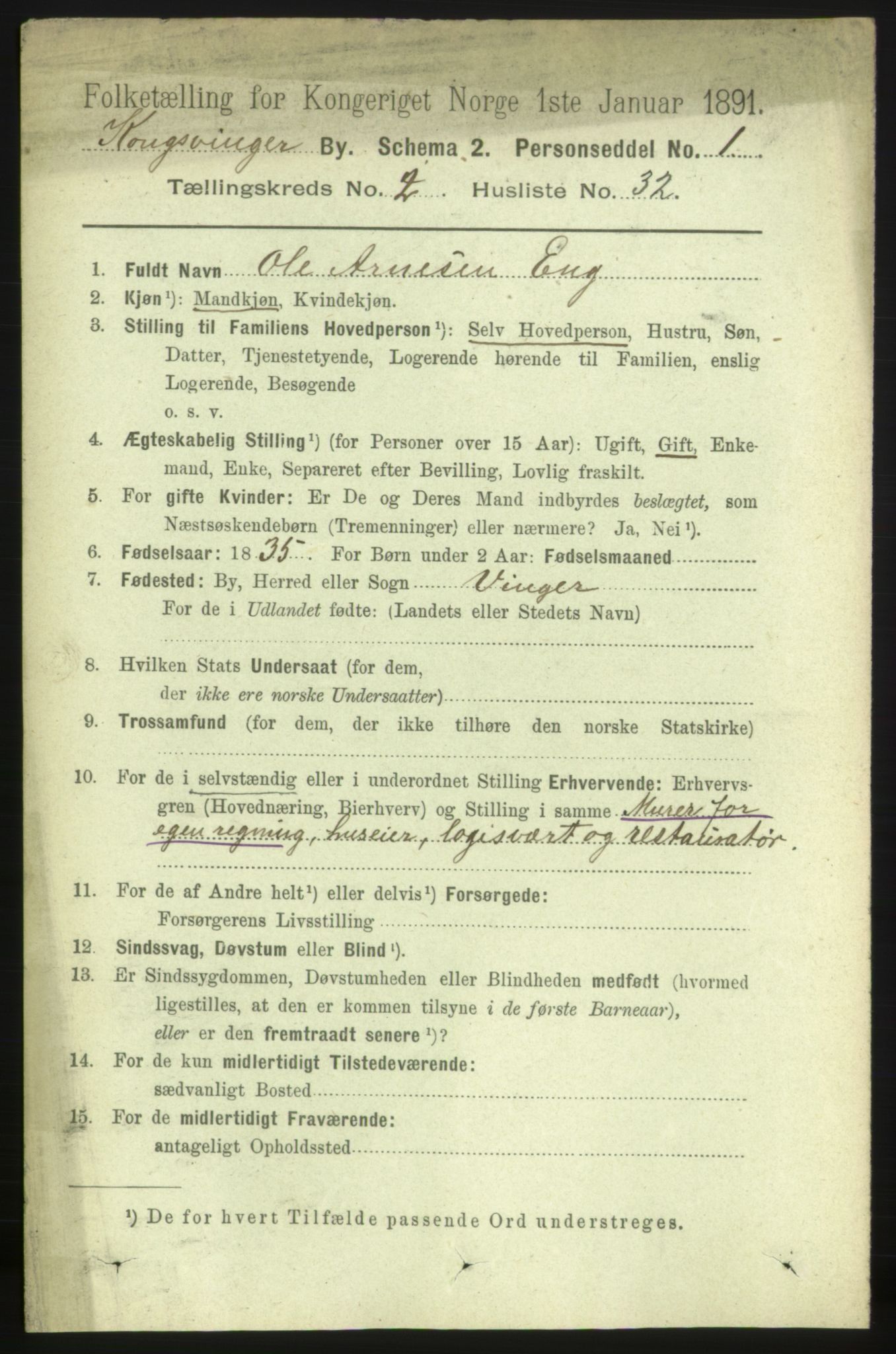 RA, 1891 census for 0402 Kongsvinger, 1891, p. 1098
