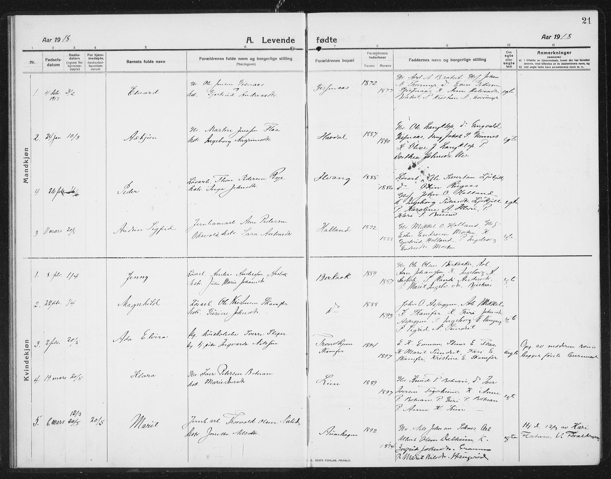 Ministerialprotokoller, klokkerbøker og fødselsregistre - Sør-Trøndelag, SAT/A-1456/675/L0888: Parish register (copy) no. 675C01, 1913-1935, p. 21