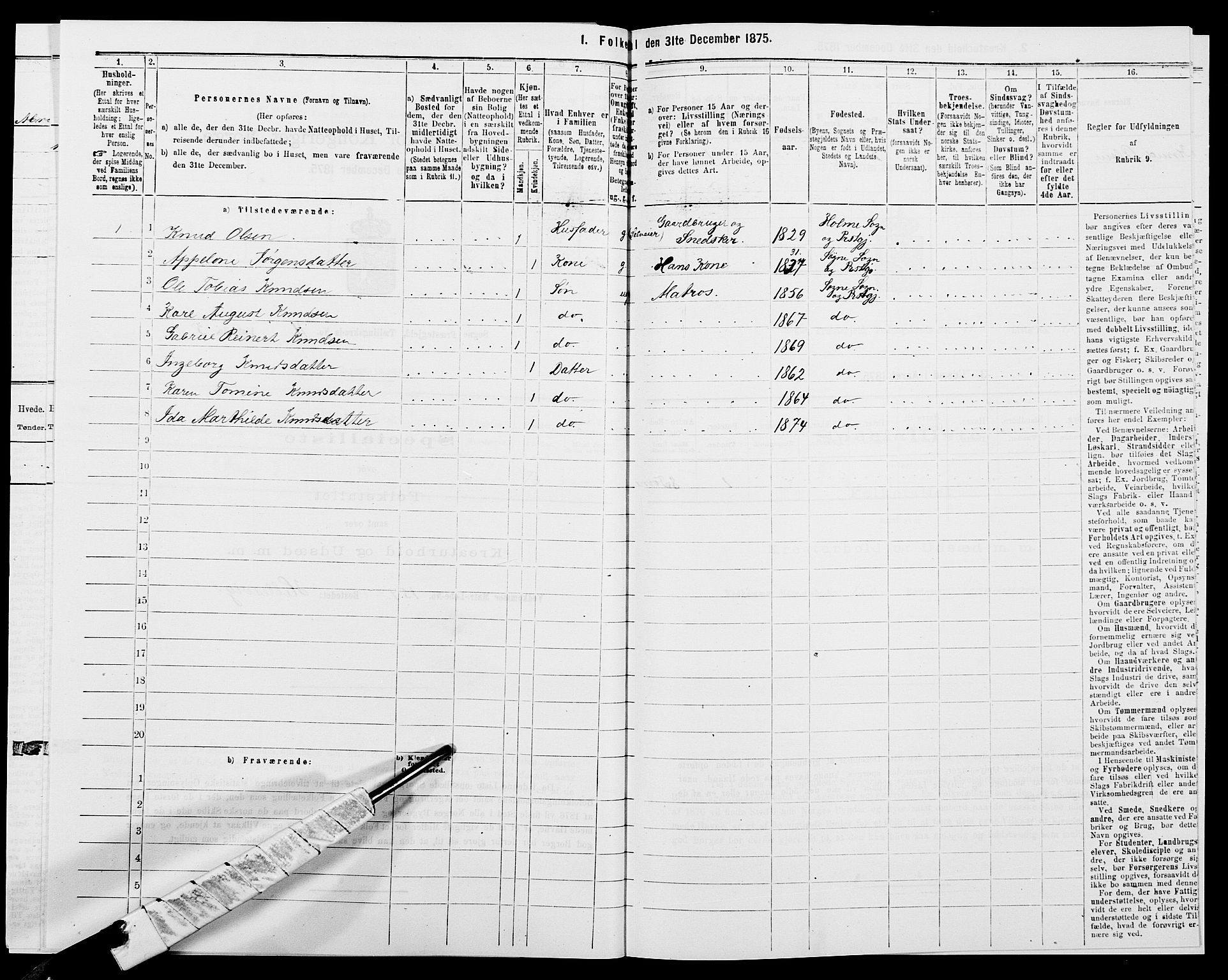 SAK, 1875 census for 1018P Søgne, 1875, p. 846