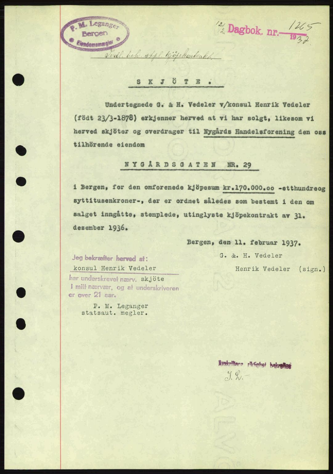 Byfogd og Byskriver i Bergen, AV/SAB-A-3401/03/03Bc/L0004: Mortgage book no. A3-4, 1936-1937, Diary no: : 1265/1937