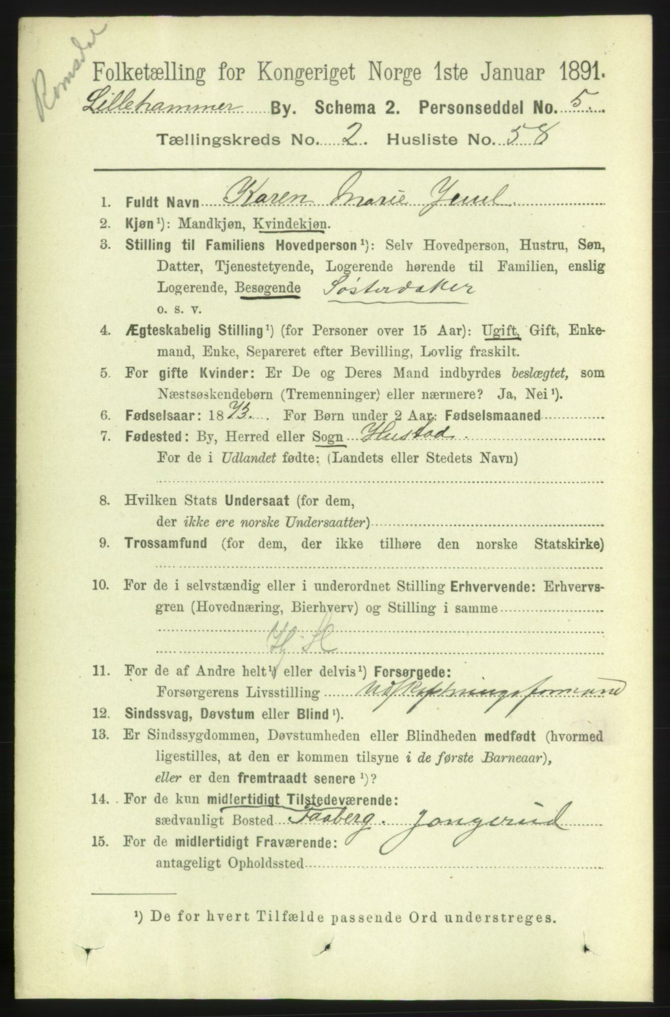 RA, 1891 census for 0501 Lillehammer, 1891, p. 1840