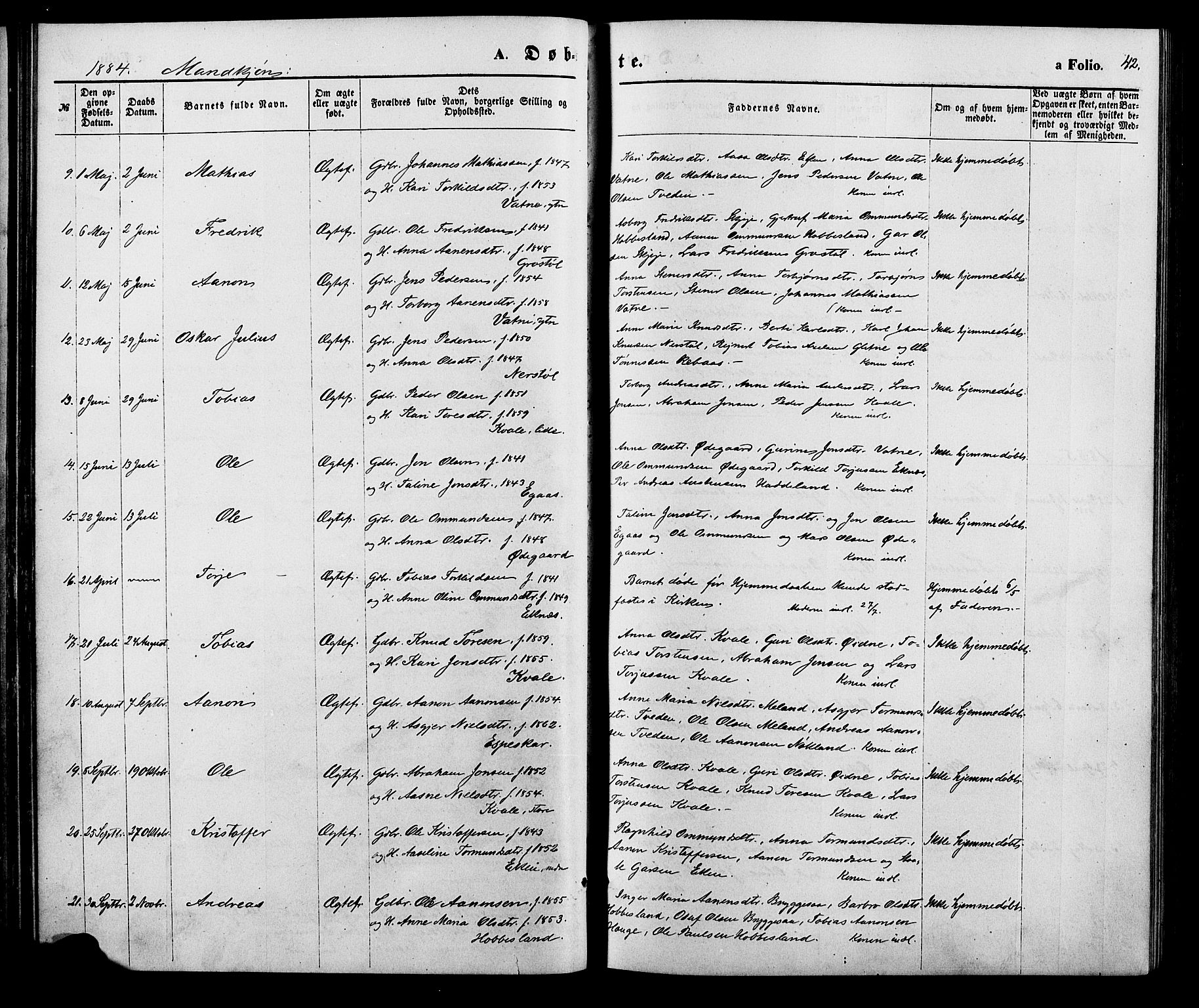 Hægebostad sokneprestkontor, AV/SAK-1111-0024/F/Fa/Fab/L0003: Parish register (official) no. A 3, 1872-1886, p. 42