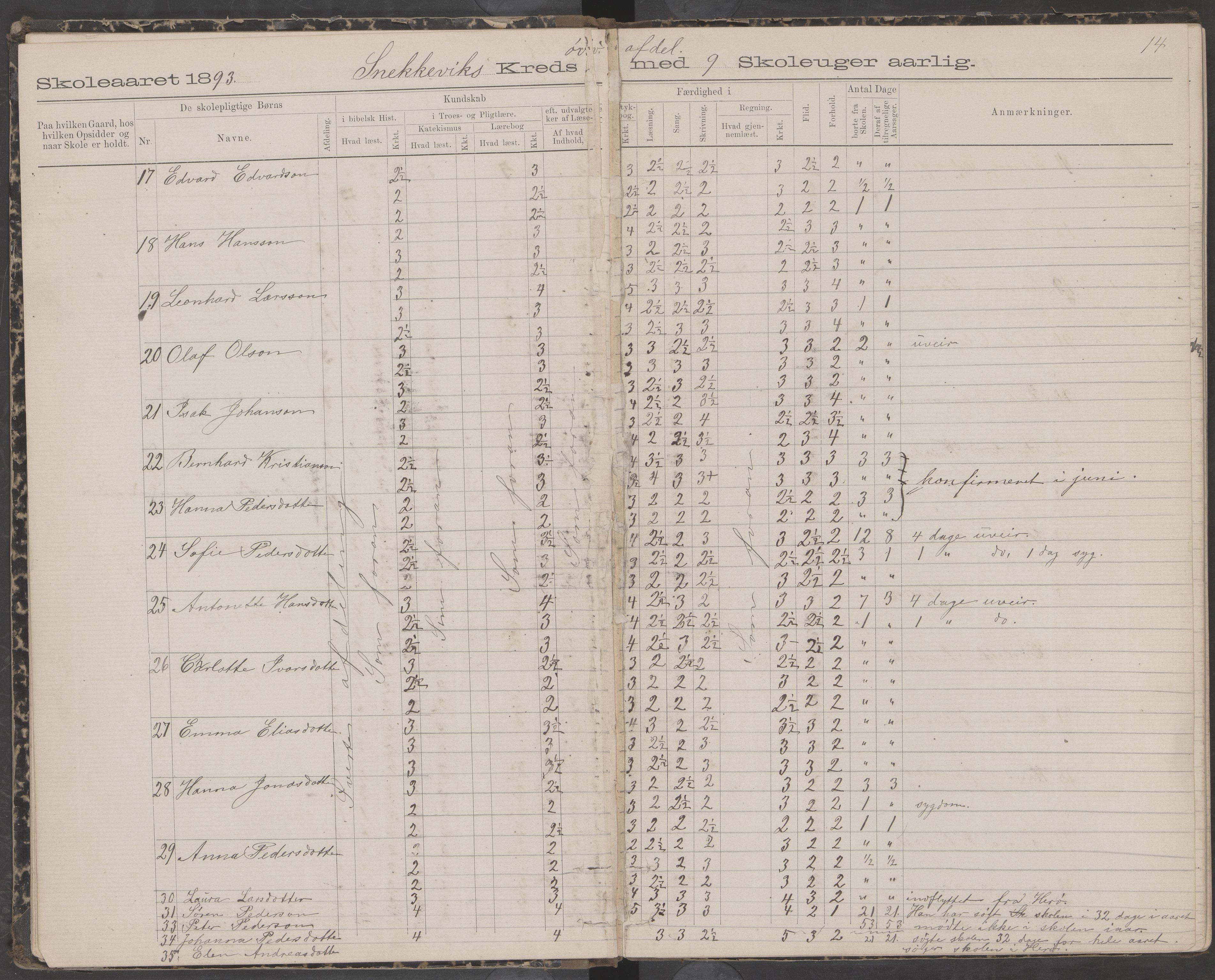 Dønna kommune. Snekkevik skolekrets, AIN/K-18270.510.07/442/L0002: Skoleprotokoll, 1888-1893