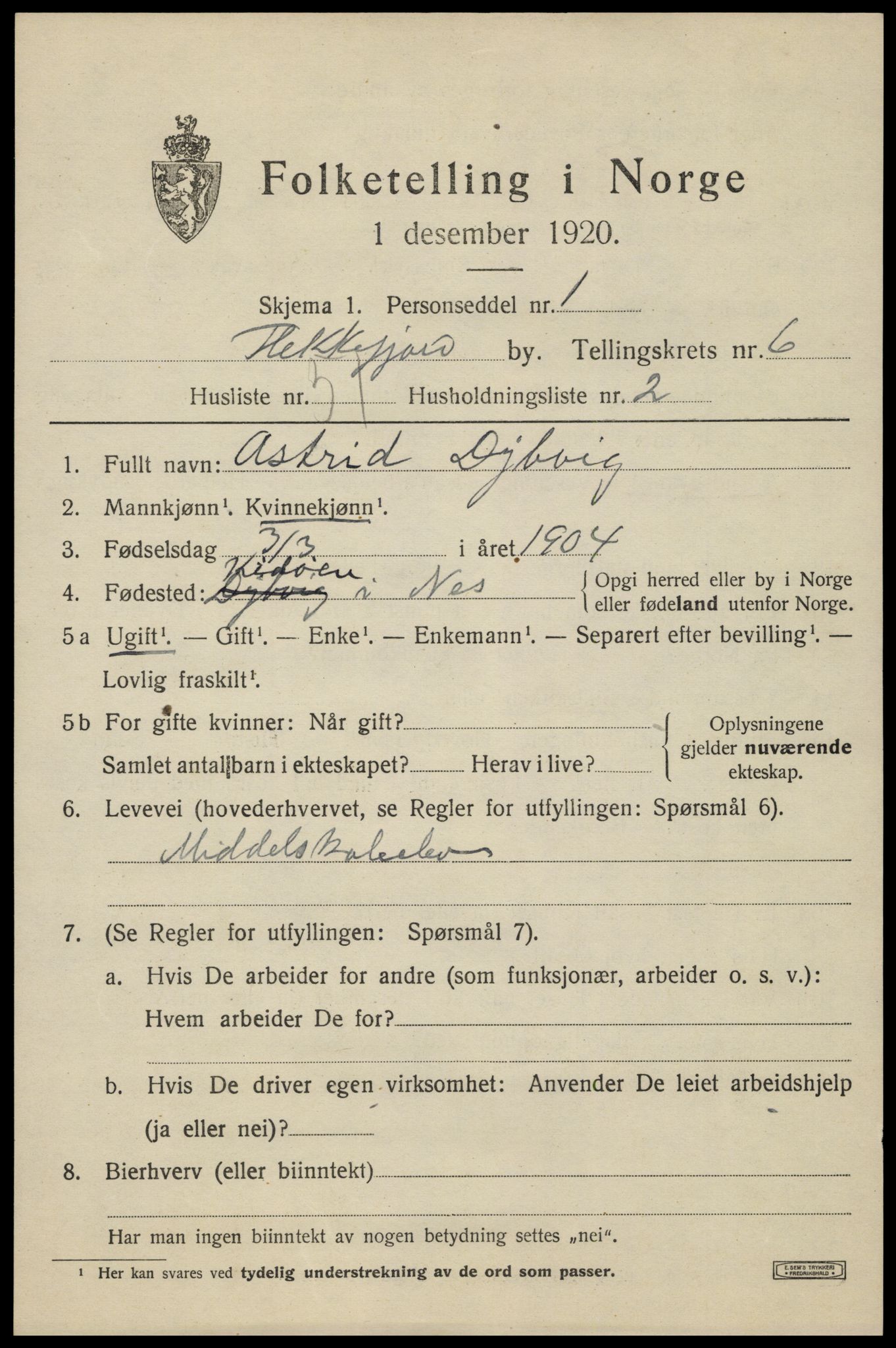 SAK, 1920 census for Flekkefjord, 1920, p. 6388