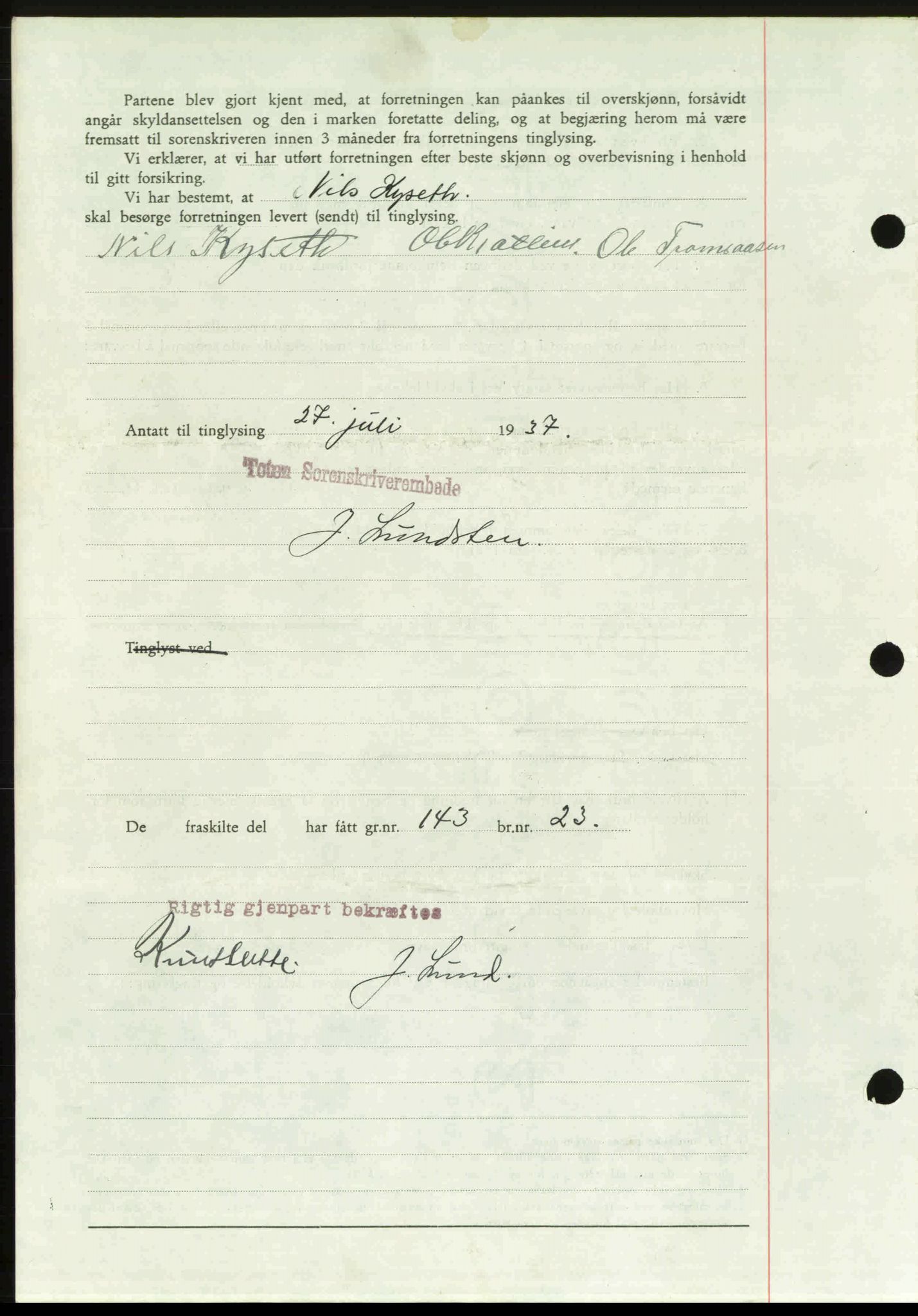 Toten tingrett, SAH/TING-006/H/Hb/Hbc/L0003: Mortgage book no. Hbc-03, 1937-1938, Diary no: : 1803/1937