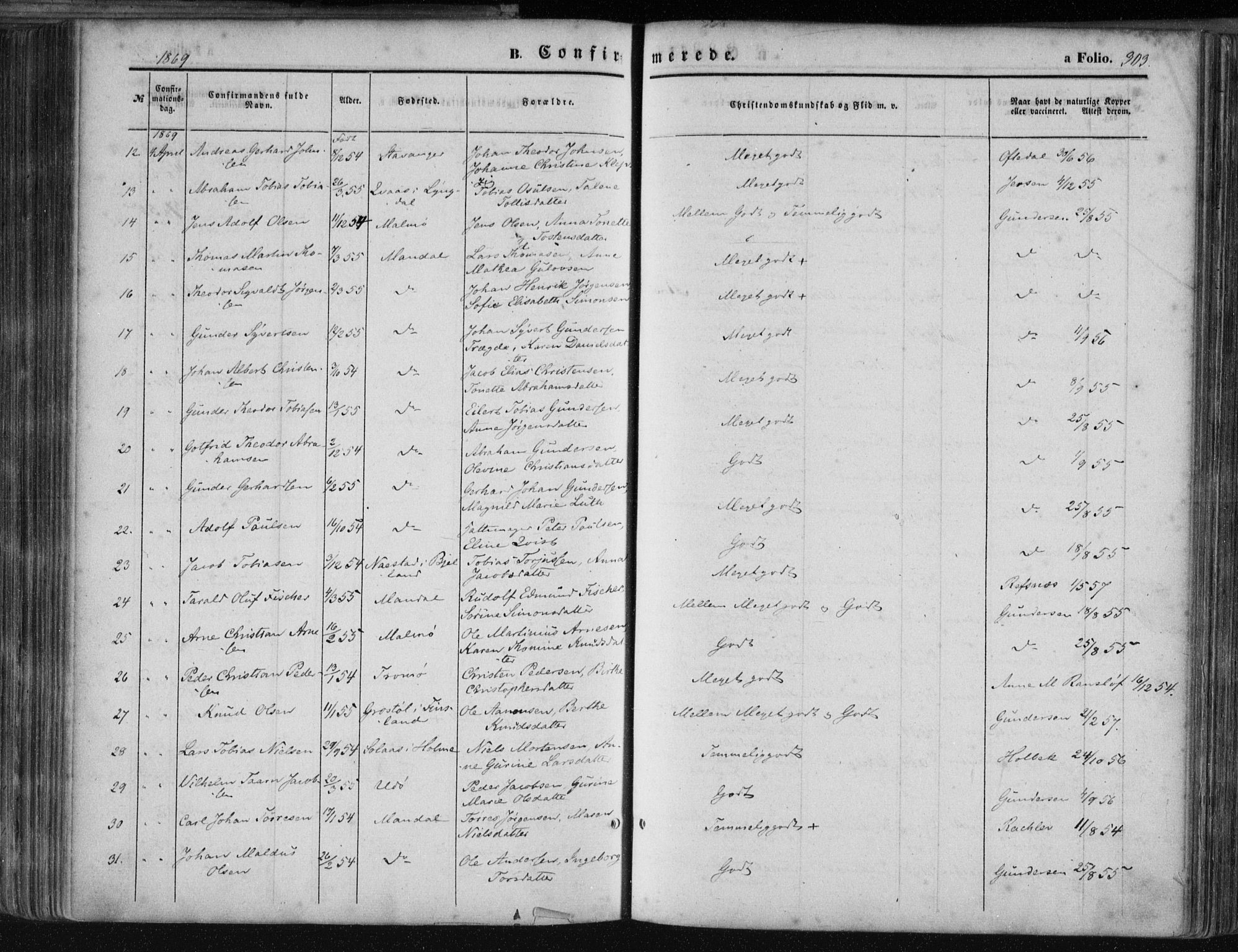 Mandal sokneprestkontor, SAK/1111-0030/F/Fa/Faa/L0014: Parish register (official) no. A 14, 1859-1872, p. 303