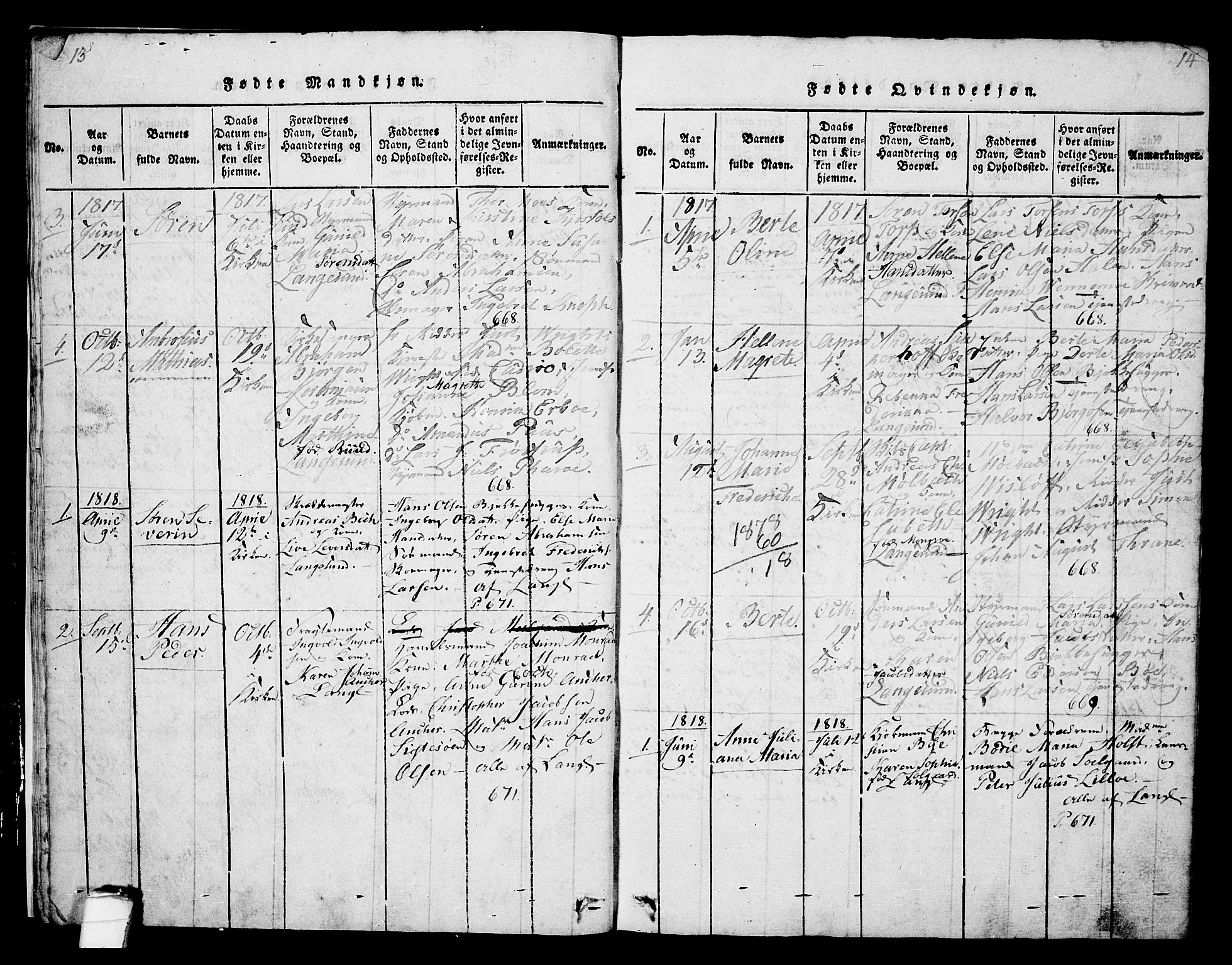 Langesund kirkebøker, SAKO/A-280/G/Ga/L0003: Parish register (copy) no. 3, 1815-1858, p. 13-14