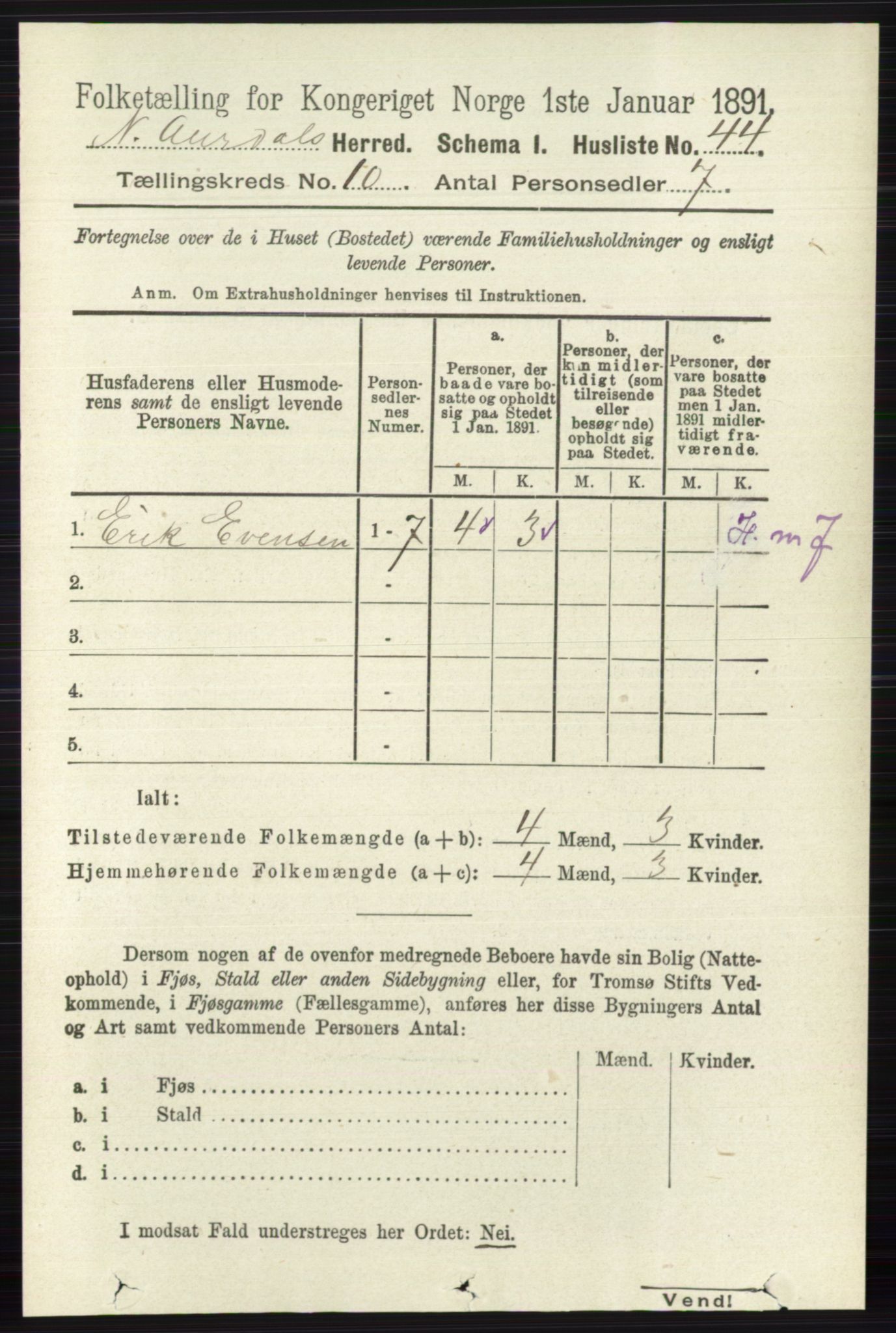 RA, 1891 census for 0542 Nord-Aurdal, 1891, p. 3725