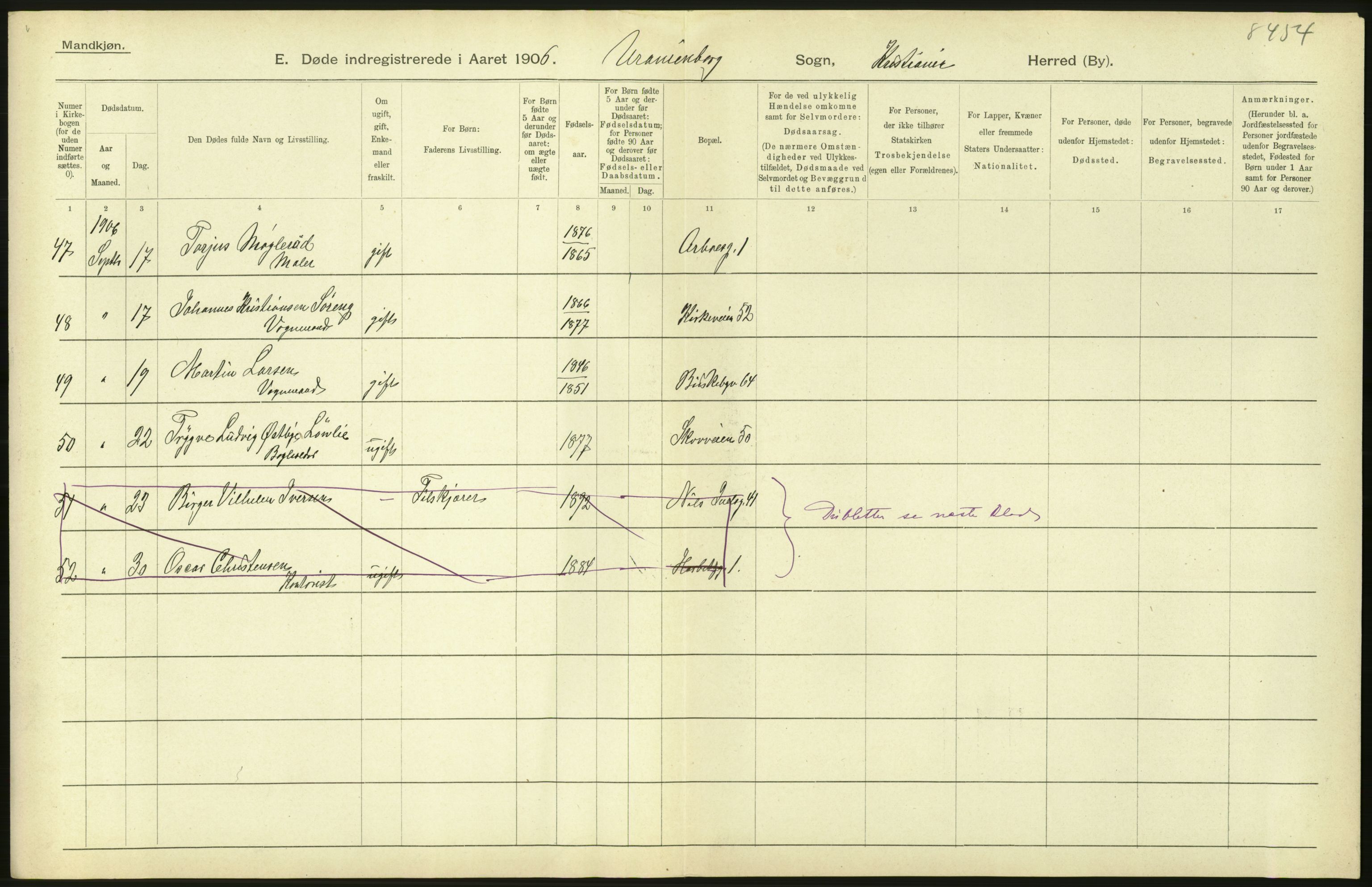 Statistisk sentralbyrå, Sosiodemografiske emner, Befolkning, AV/RA-S-2228/D/Df/Dfa/Dfad/L0009: Kristiania: Døde, 1906, p. 514