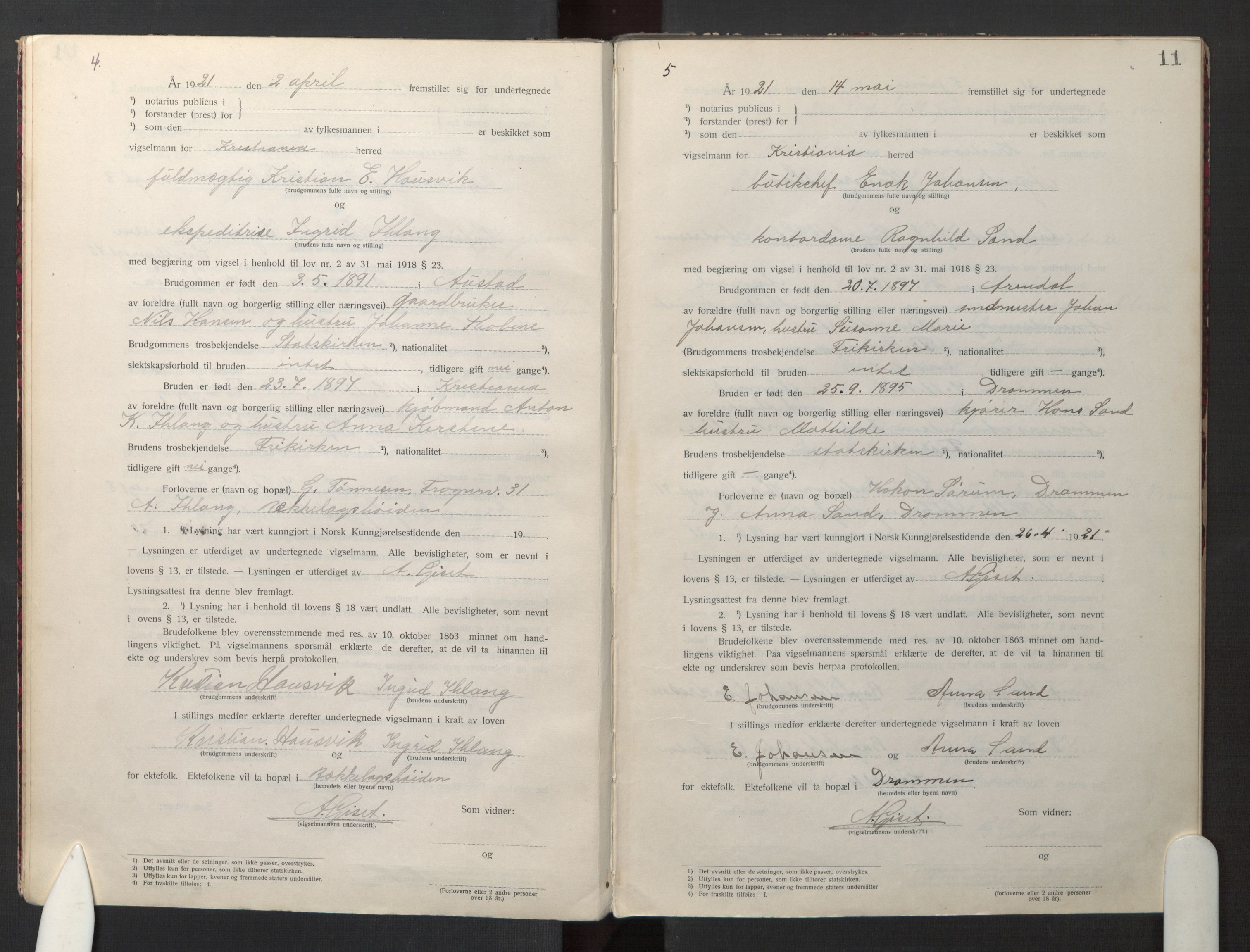 Den evangelisk-lutherske frikirke østre menighet, Oslo, AV/SAO-PAO-0245/F/L0005: Marriage register (dissenter) no. 5, 1920-1941, p. 11