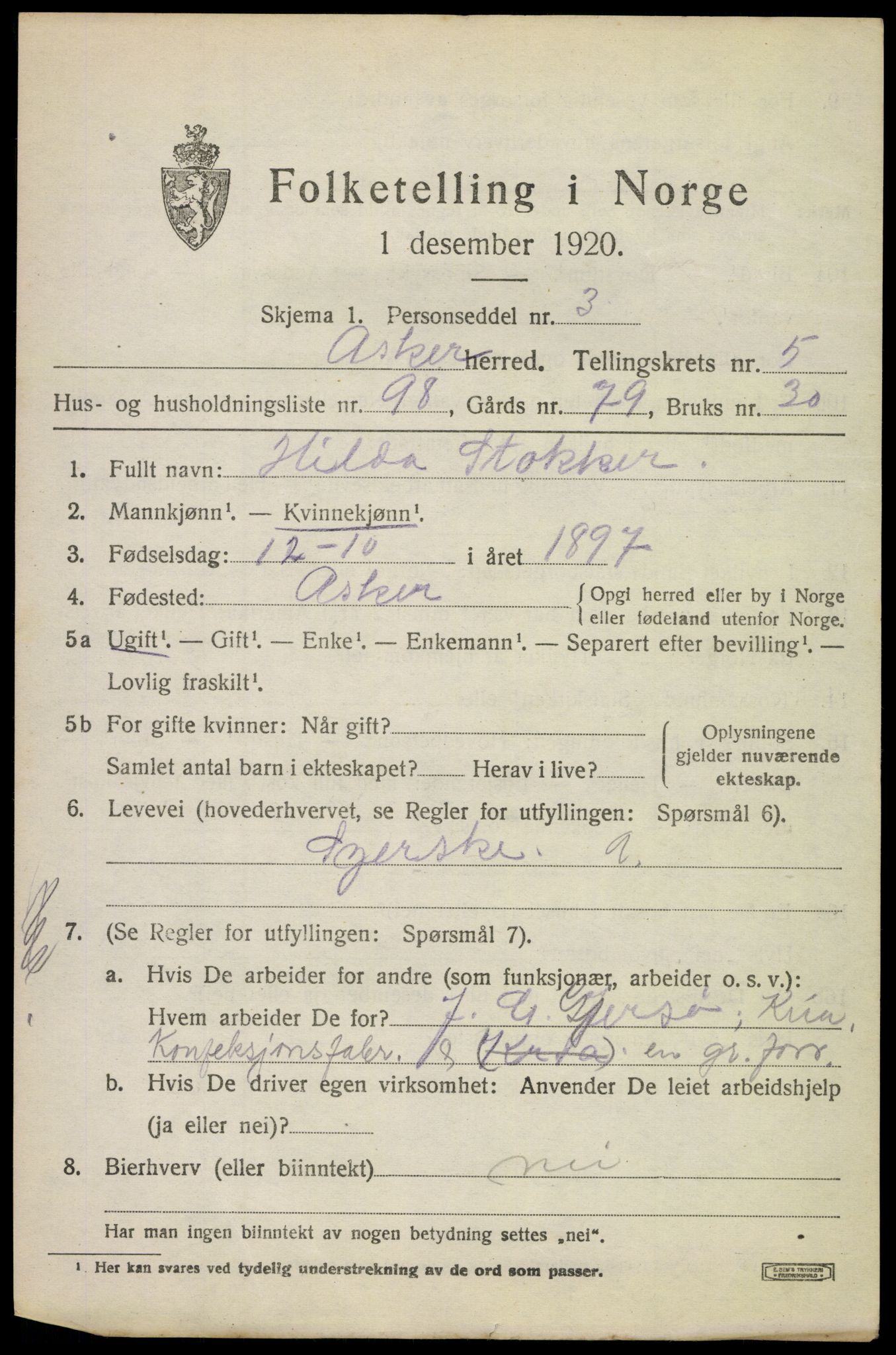 SAO, 1920 census for Asker, 1920, p. 13938