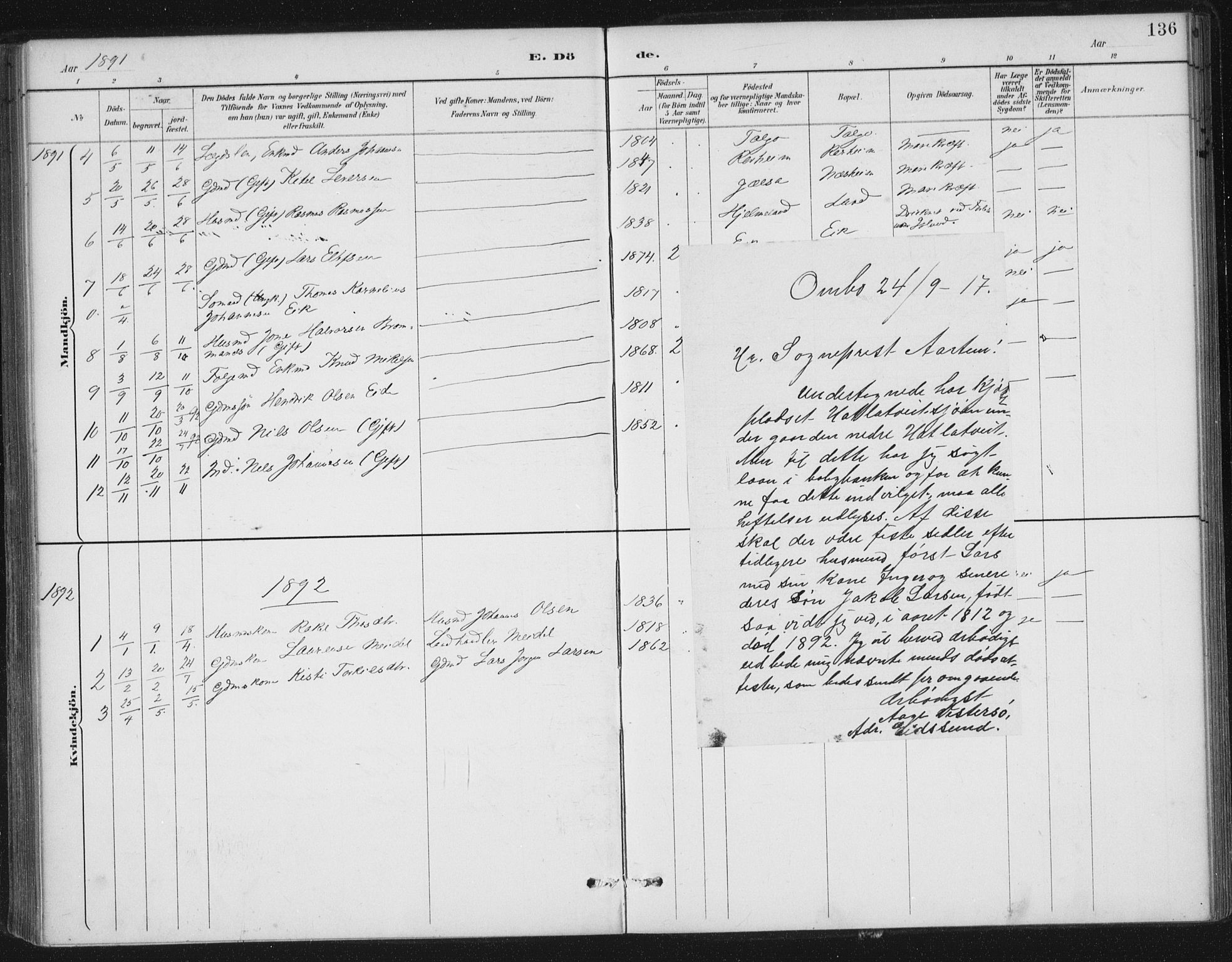 Nedstrand sokneprestkontor, AV/SAST-A-101841/01/IV: Parish register (official) no. A 13, 1887-1915, p. 136