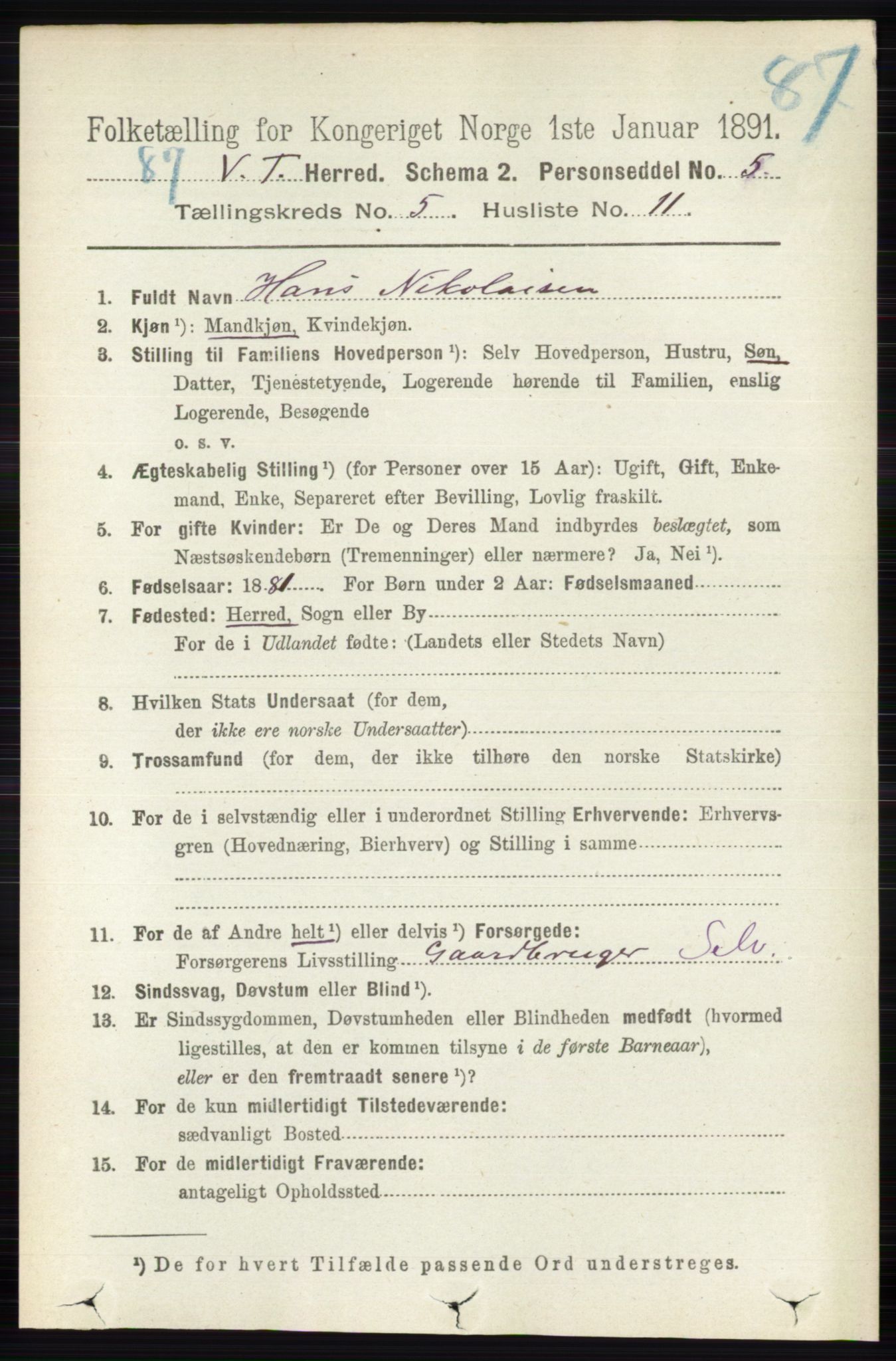 RA, 1891 census for 0529 Vestre Toten, 1891, p. 3284
