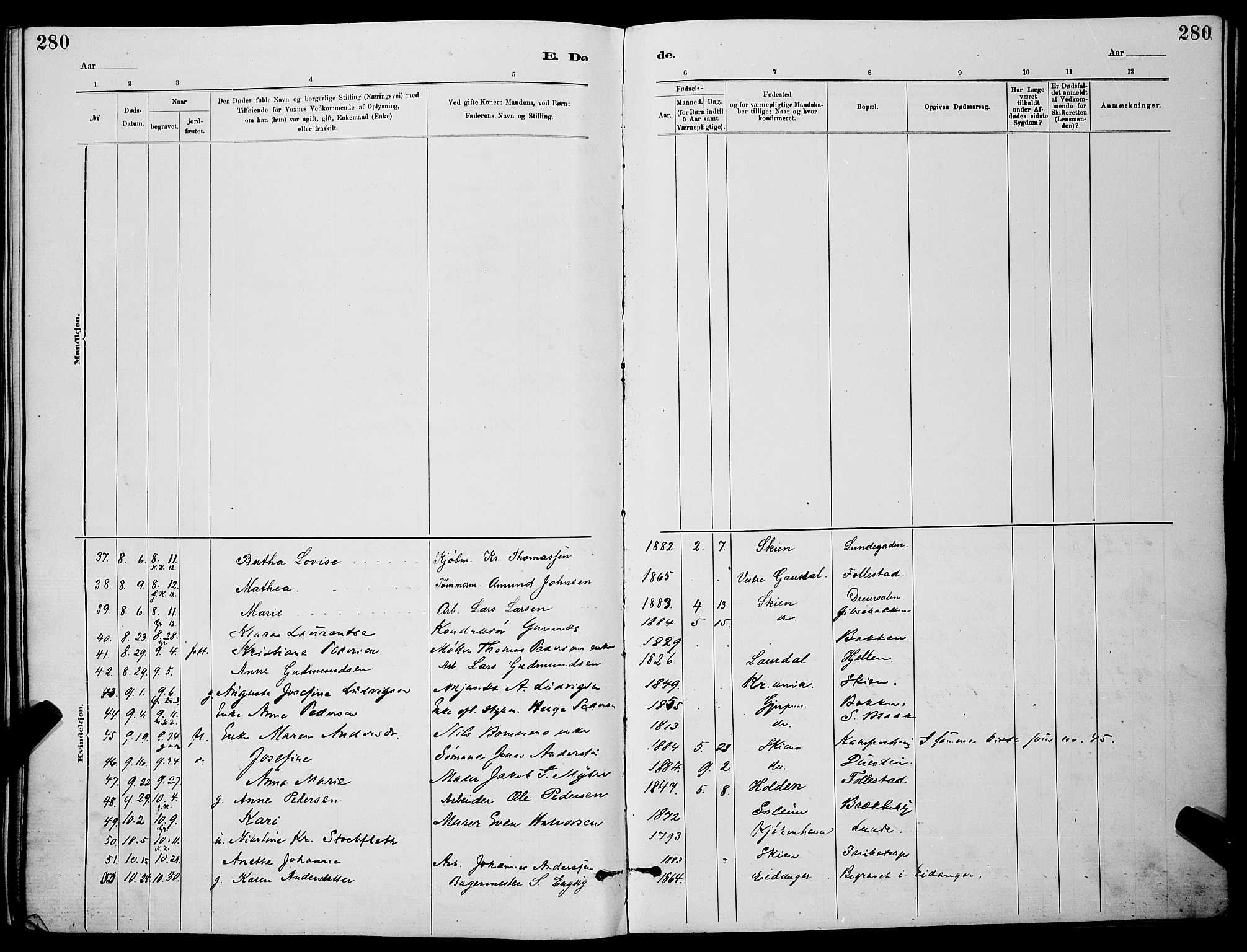 Skien kirkebøker, SAKO/A-302/G/Ga/L0006: Parish register (copy) no. 6, 1881-1890, p. 280