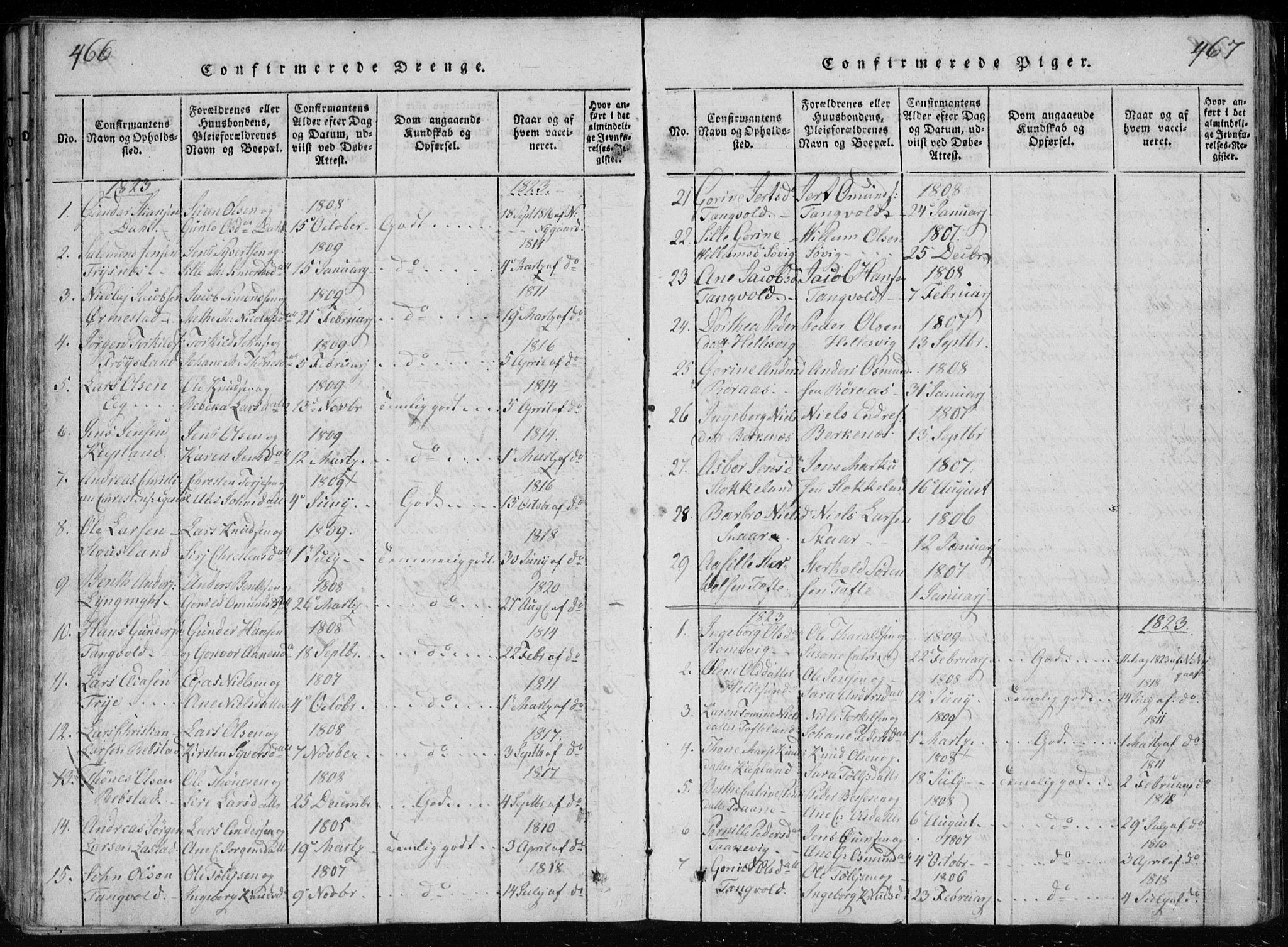 Søgne sokneprestkontor, SAK/1111-0037/F/Fb/Fbb/L0002: Parish register (copy) no. B 2, 1821-1838, p. 466-467