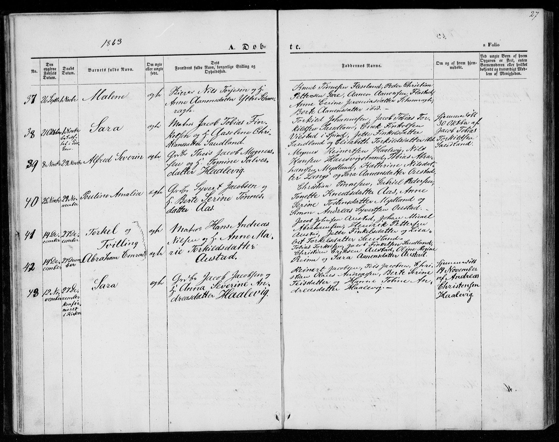 Lyngdal sokneprestkontor, AV/SAK-1111-0029/F/Fa/Faa/L0002: Parish register (official) no. A 2, 1858-1870, p. 27